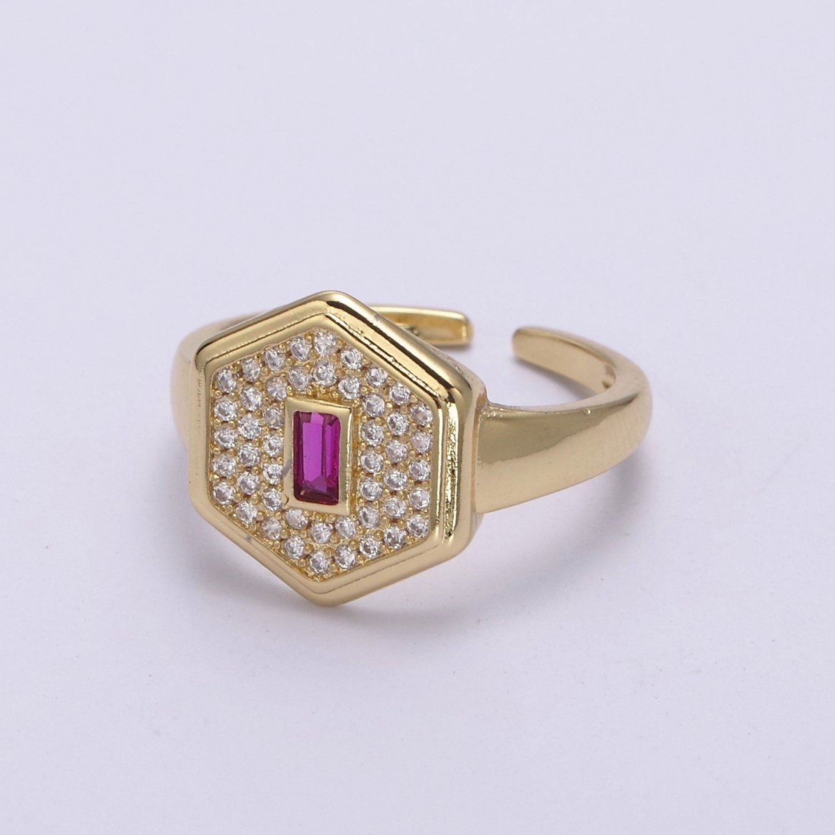 14k Gold Filled Signet Ring, Cubic Zirconia Signet Ring, CZ Octagonal Ring, Gold Open Adjustable Ring U-260 ~ U-263 - DLUXCA