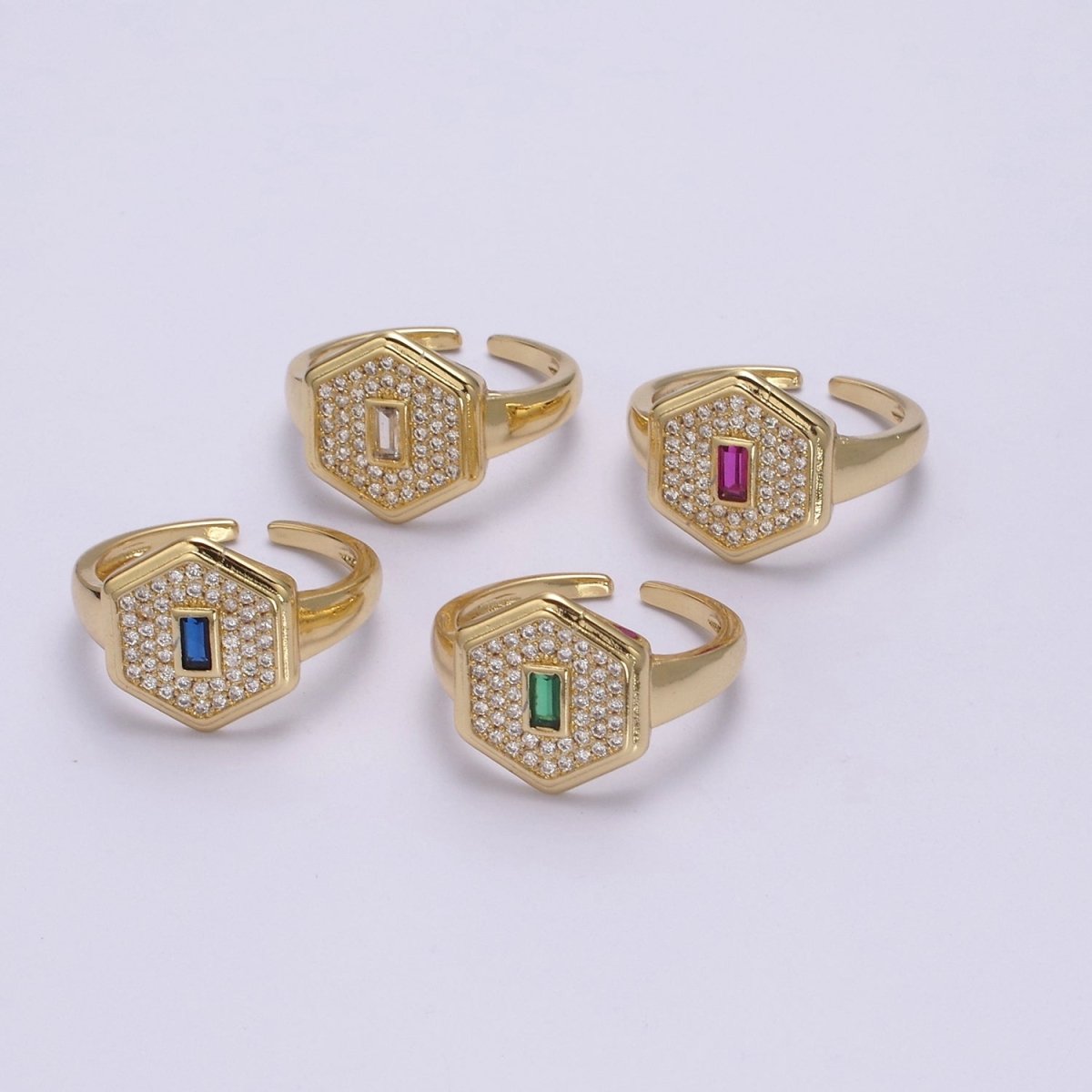 14k Gold Filled Signet Ring, Cubic Zirconia Signet Ring, CZ Octagonal Ring, Gold Open Adjustable Ring U-260 ~ U-263 - DLUXCA