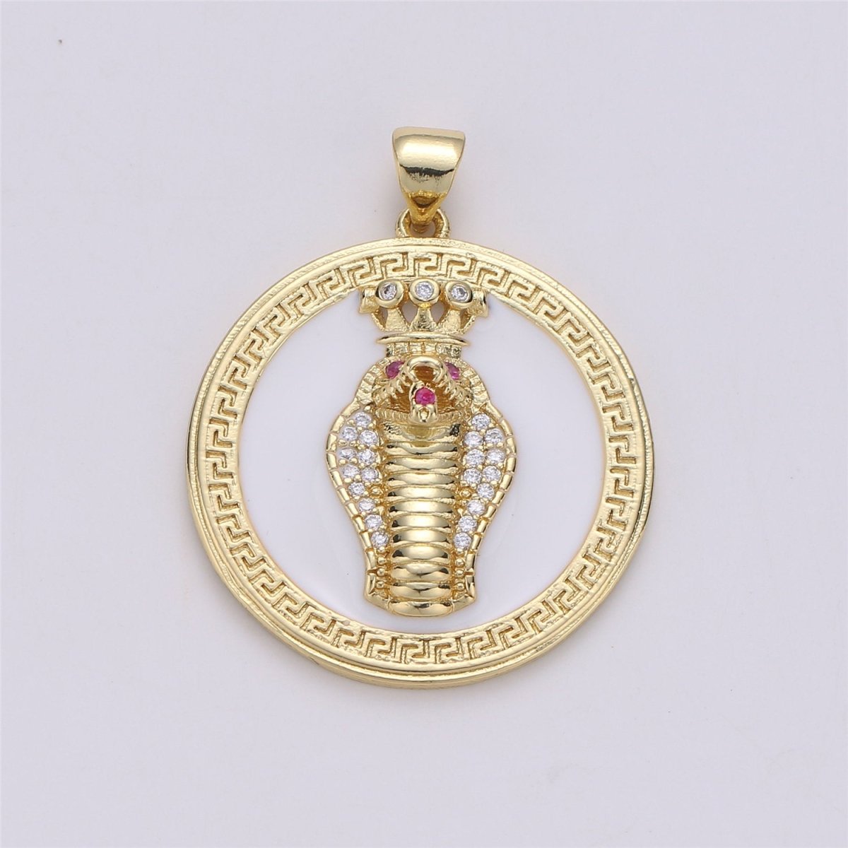 14k Gold Filled Snake Medallion Charm Roman Necklace, Greek Coin Jewelry, Micro Pave Charm Large Black White Disc 3D King Cobra Head Pendant I-581 I-582 - DLUXCA