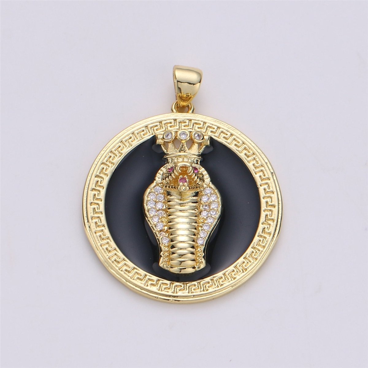 14k Gold Filled Snake Medallion Charm Roman Necklace, Greek Coin Jewelry, Micro Pave Charm Large Black White Disc 3D King Cobra Head Pendant I-581 I-582 - DLUXCA
