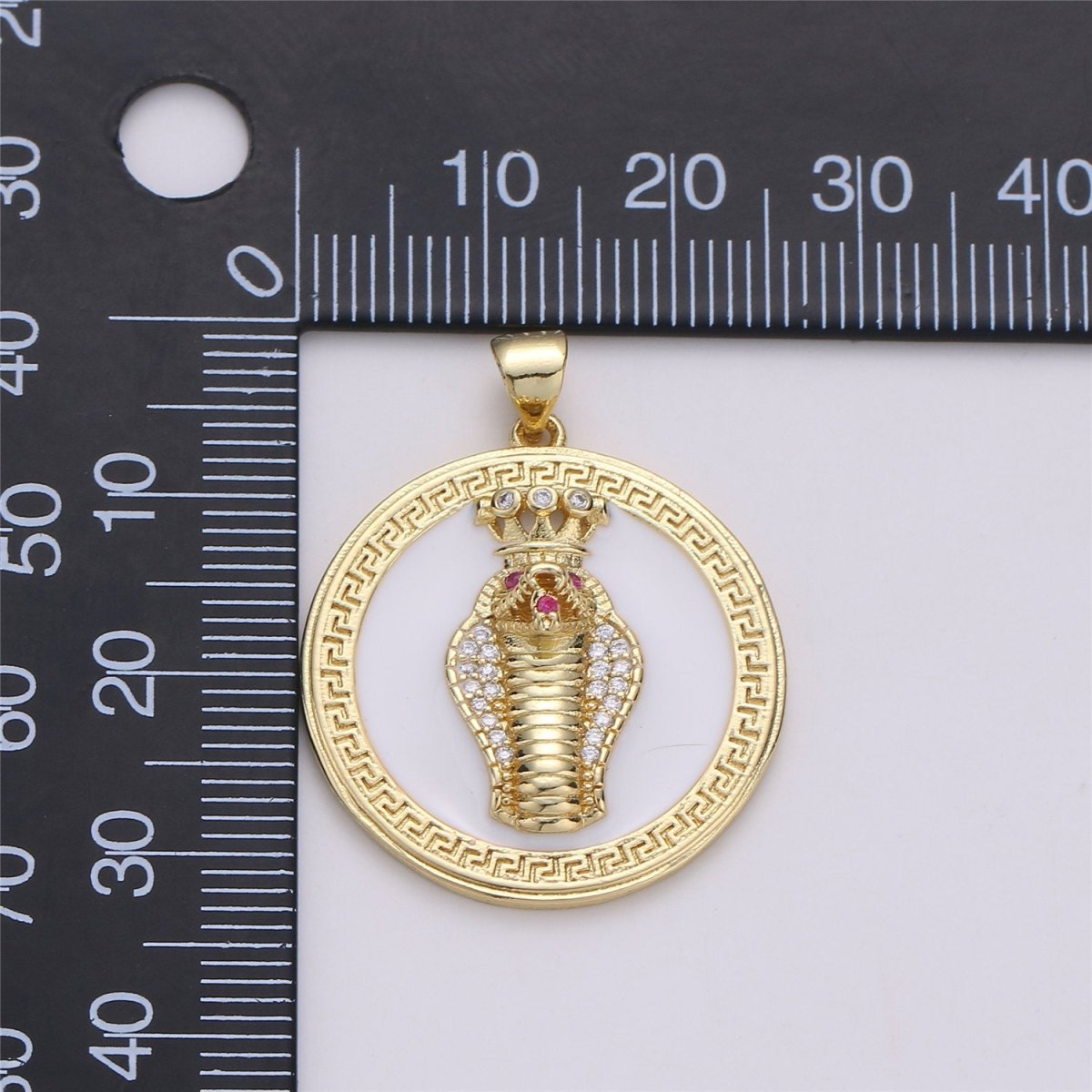 14k Gold Filled Snake Medallion Charm Roman Necklace, Greek Coin Jewelry, Micro Pave Charm Large Black White Disc 3D King Cobra Head Pendant I-581 I-582 - DLUXCA