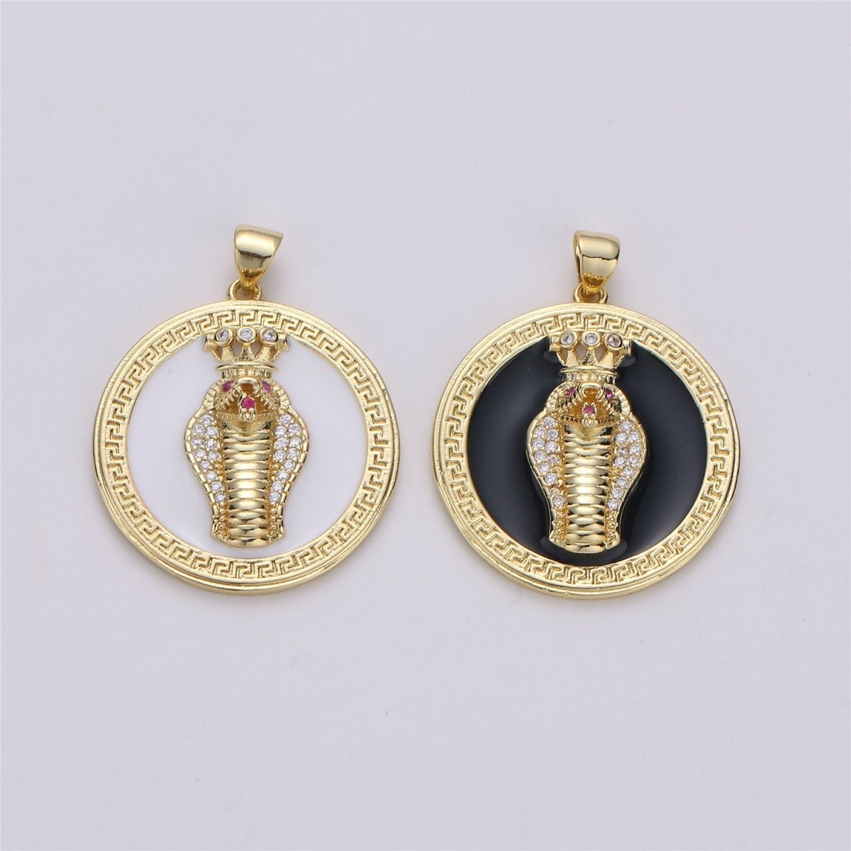 14k Gold Filled Snake Medallion Charm Roman Necklace, Greek Coin Jewelry, Micro Pave Charm Large Black White Disc 3D King Cobra Head Pendant I-581 I-582 - DLUXCA