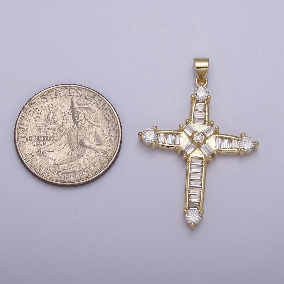 14k Gold Filled Sparkly baguette Cubic Zirconia Cross Pendant For Religious Jewelry making N-895 - DLUXCA