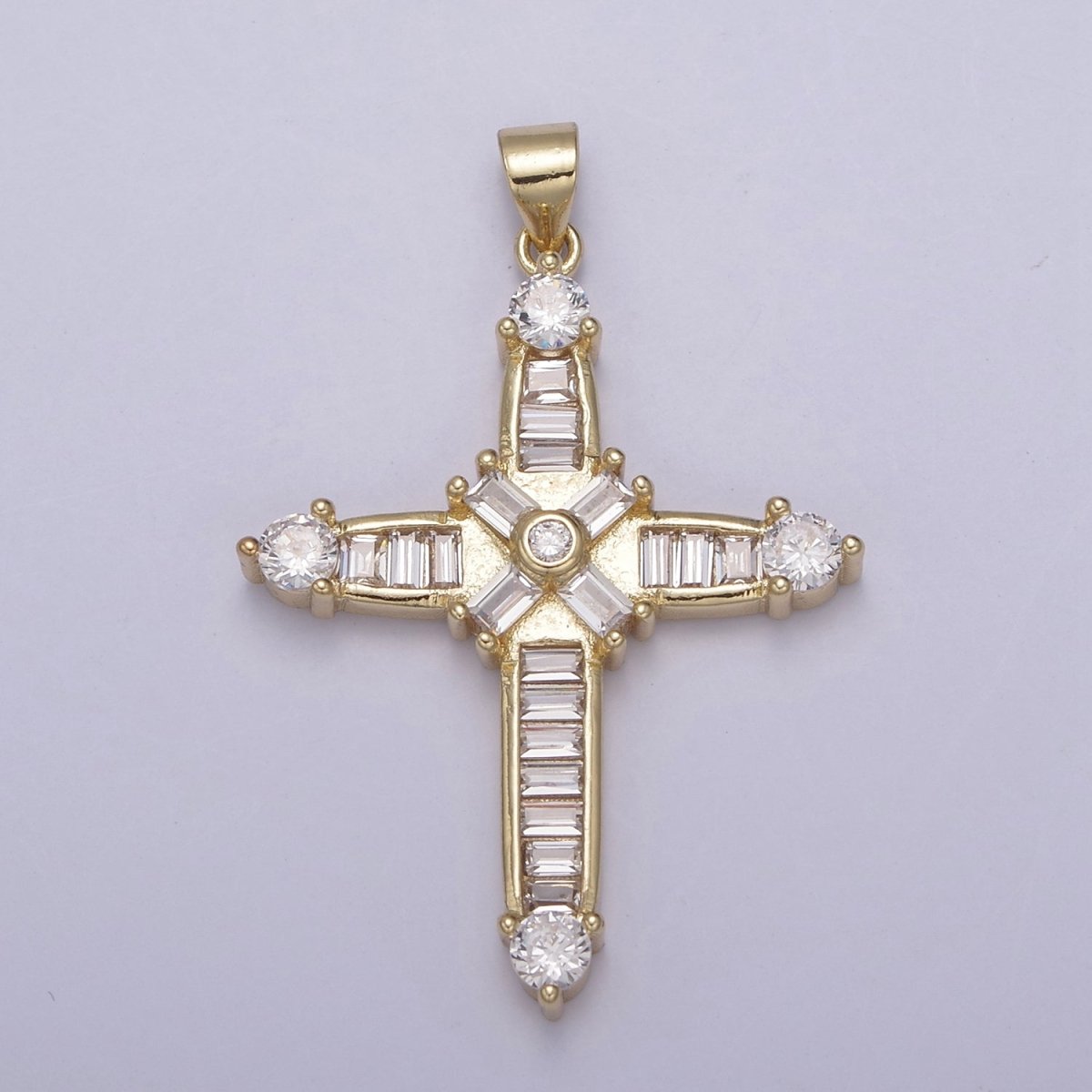 14k Gold Filled Sparkly baguette Cubic Zirconia Cross Pendant For Religious Jewelry making N-895 - DLUXCA