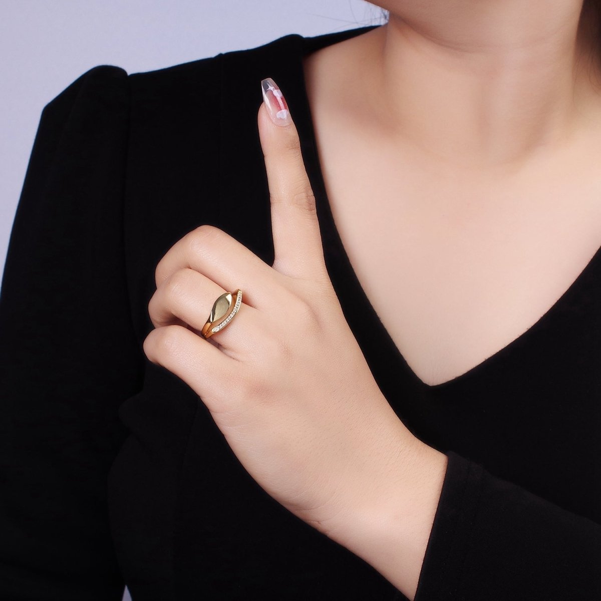 14K Gold Filled Sphere Micro Paved CZ Double Band Signet Ring | O1348 - DLUXCA