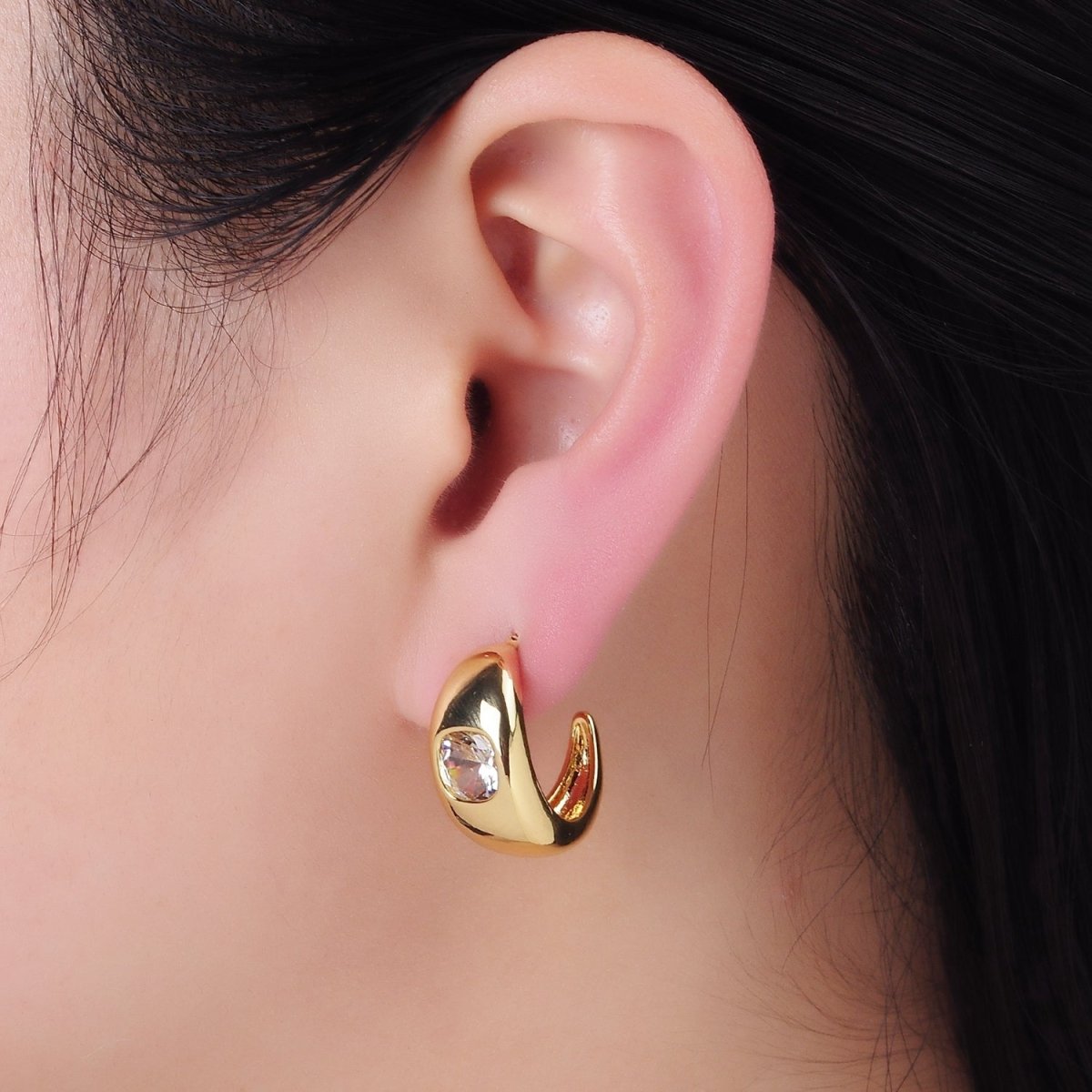 14K Gold Filled Square CZ Chubby C-Shaped Hoop Earrings | AB1402 - DLUXCA