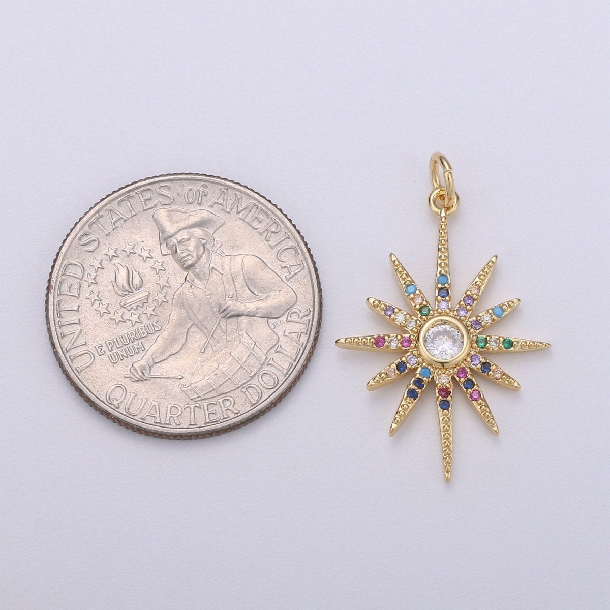 14k Gold Filled Starburst Charm Micro Pave Star Charm, Rainbow Cubic Charms, CZ Gold Celestial Charm, Dainty Minimalist Jewelry Supply C-469 - DLUXCA