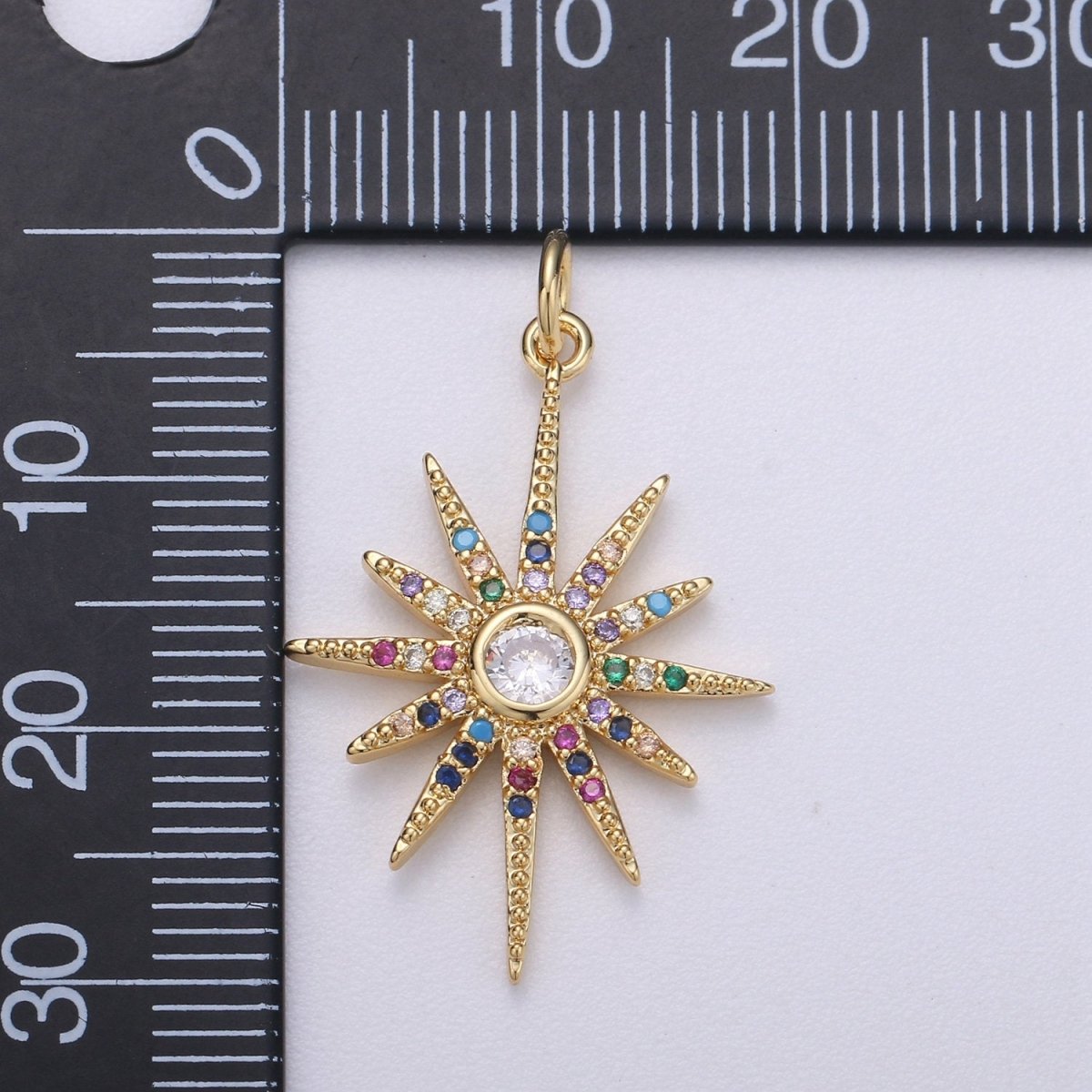 14k Gold Filled Starburst Charm Micro Pave Star Charm, Rainbow Cubic Charms, CZ Gold Celestial Charm, Dainty Minimalist Jewelry Supply C-469 - DLUXCA