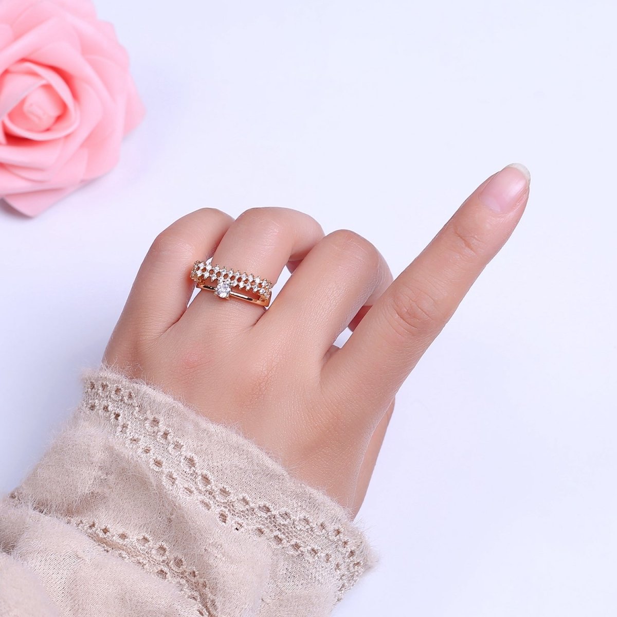 14k Gold Filled Statement Ring, CZ Micro Pave Ring, Everyday Ring, Open Adjustable Ring S-536 - DLUXCA