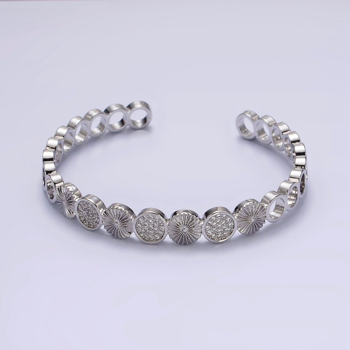 14K Gold Filled Sunflower Sunburst Textured Micro Paved CZ Round Cuff Bangle Bracelet in Silver & Gold | WA-1933 WA-1934 Clearance Pricing - DLUXCA