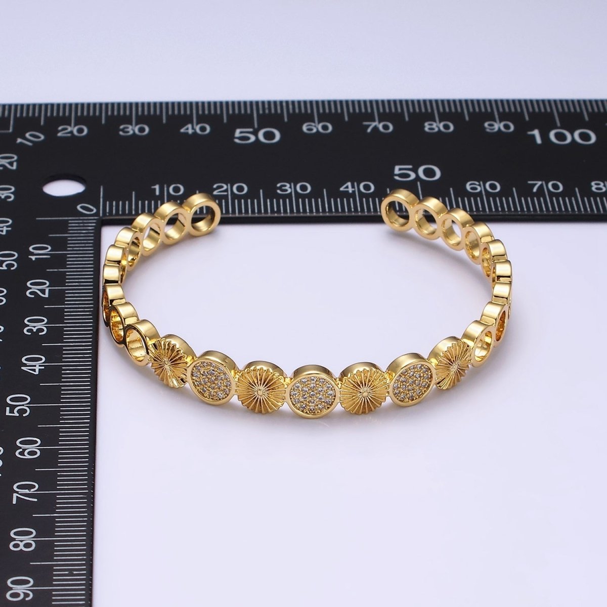 14K Gold Filled Sunflower Sunburst Textured Micro Paved CZ Round Cuff Bangle Bracelet in Silver & Gold | WA-1933 WA-1934 Clearance Pricing - DLUXCA