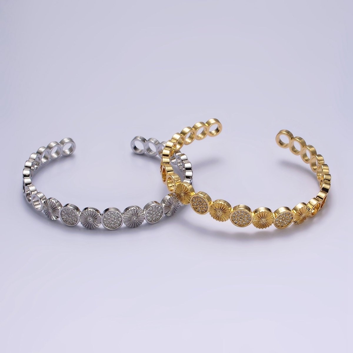 14K Gold Filled Sunflower Sunburst Textured Micro Paved CZ Round Cuff Bangle Bracelet in Silver & Gold | WA-1933 WA-1934 Clearance Pricing - DLUXCA