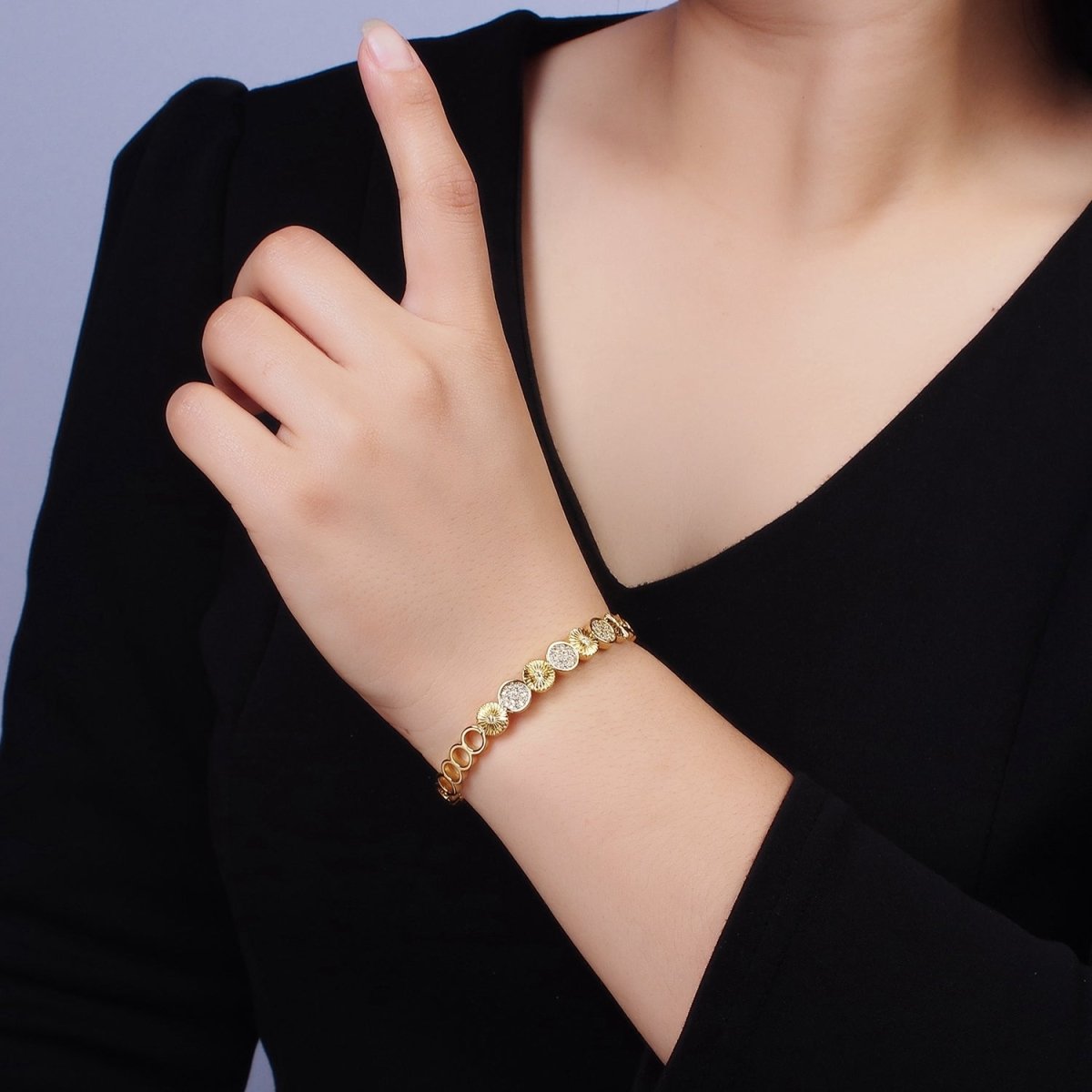 14K Gold Filled Sunflower Sunburst Textured Micro Paved CZ Round Cuff Bangle Bracelet in Silver & Gold | WA-1933 WA-1934 Clearance Pricing - DLUXCA