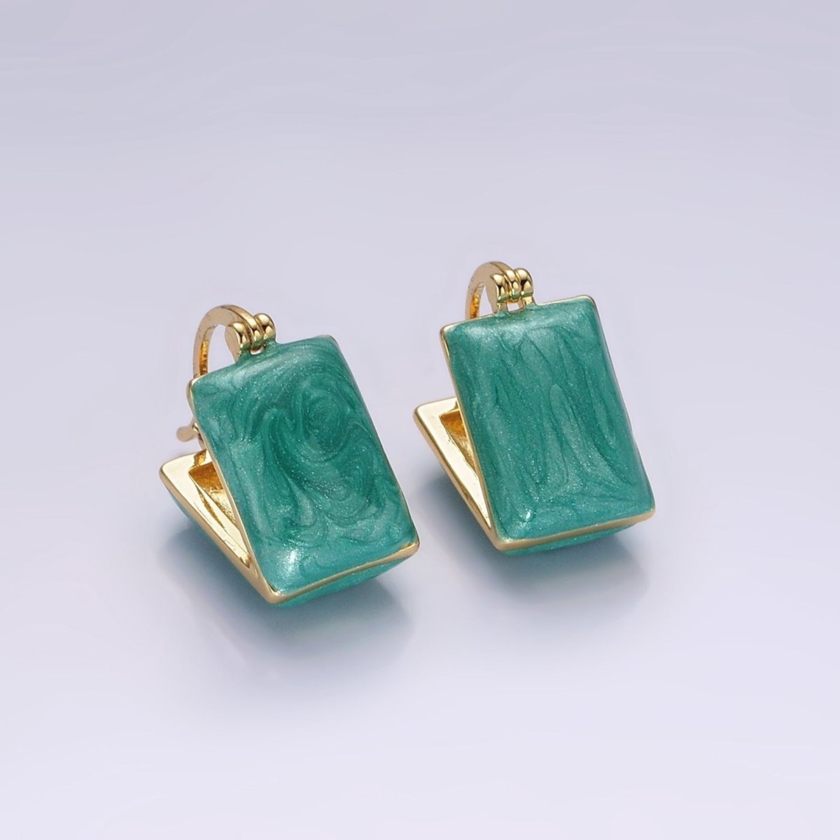 14K Gold Filled Teal, White Enamel Rectangle Triangle Latch Hoop Earrings | AE998 AE999 - DLUXCA