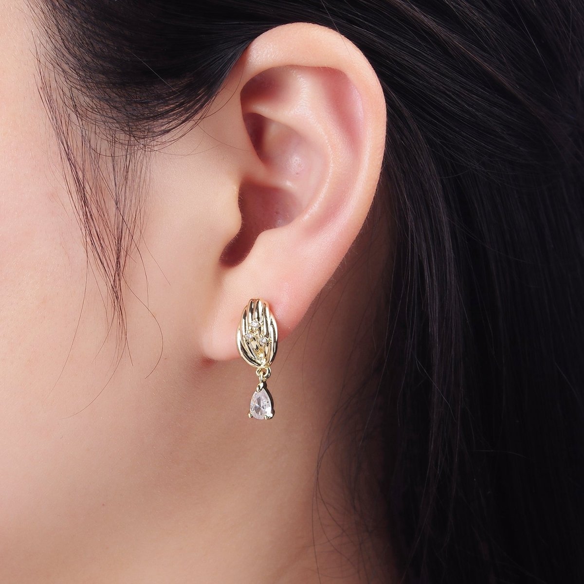 14K Gold Filled Teardrop CZ Drop Croissant Stud Earrings | AB1146 - DLUXCA