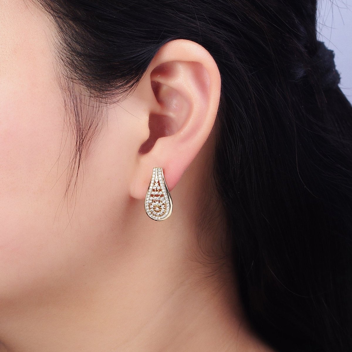 14K Gold Filled Teardrop Micro Paved Clear CZ English Lock Earrings | AD1533 - DLUXCA