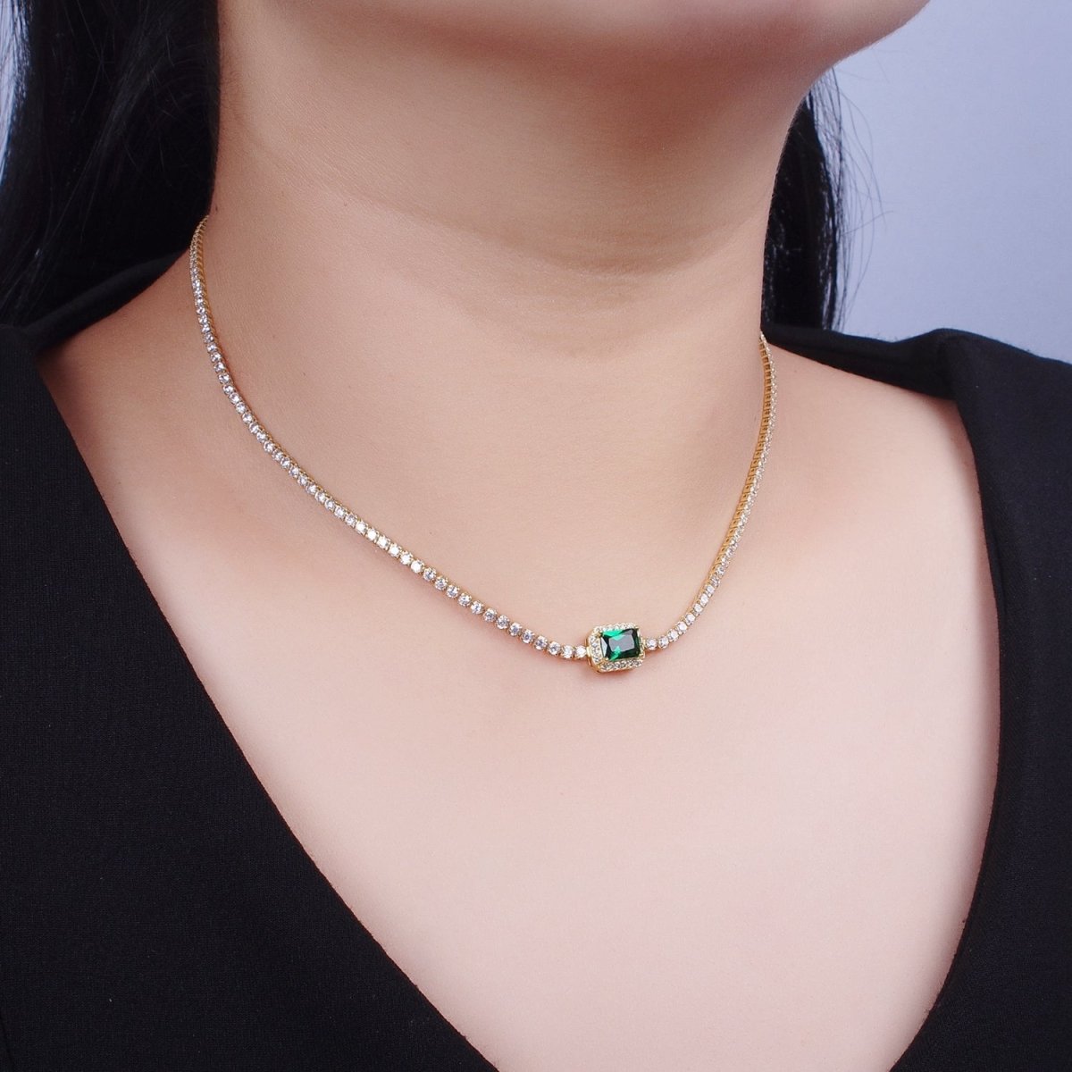 14k Gold Filled Tennis Necklace Chain with Color Emerald Cut Cz Stone for Layering Necklace | WA-1156 to WA-1159 Clearance Pricing - DLUXCA