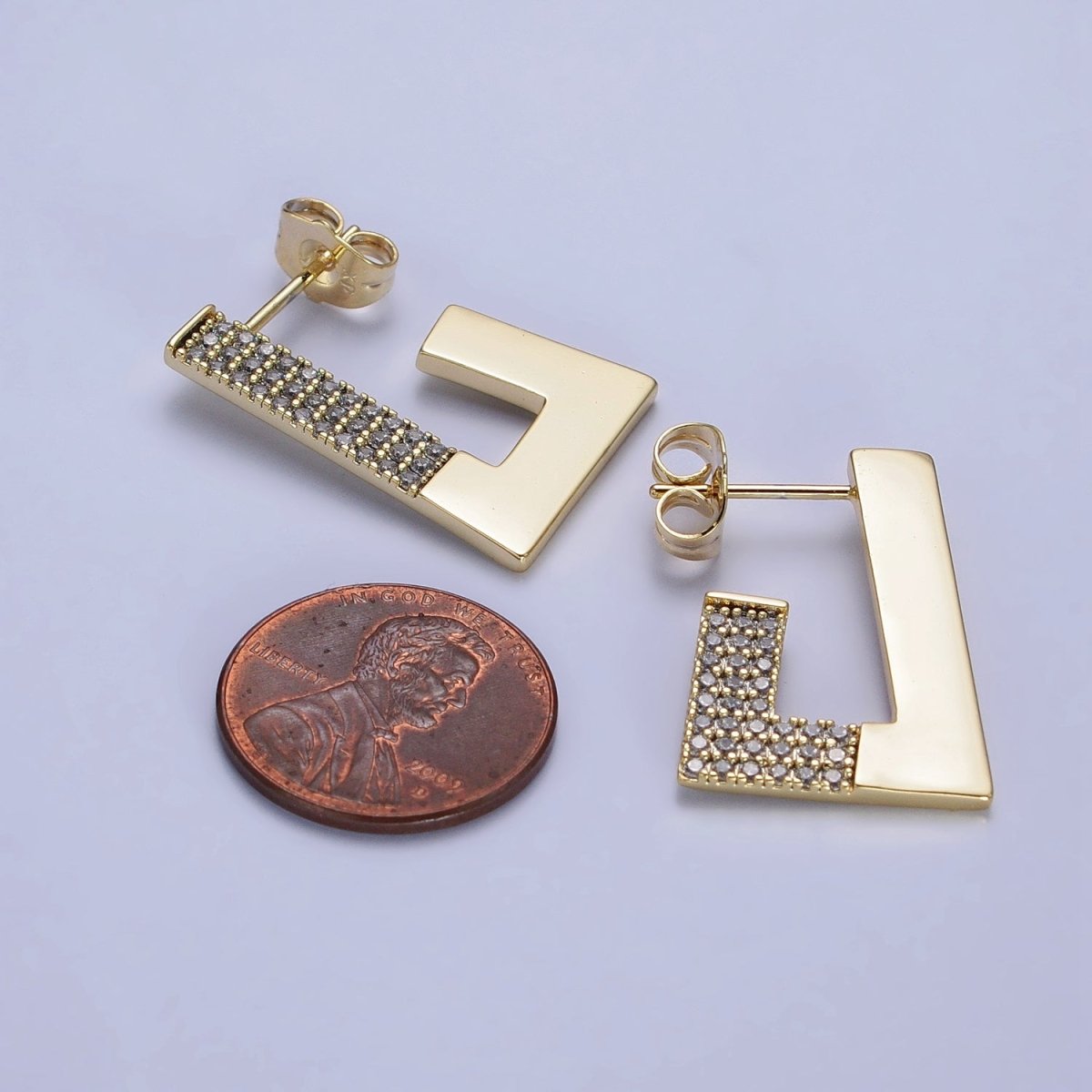 14K Gold Filled Thin Clear Micro Paved Geometric J-Shaped Hoop Earrings | AB332 - DLUXCA