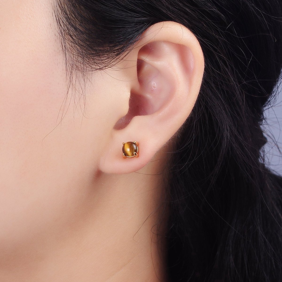 14K Gold Filled Tiger Eye Gemstone Oval Minimalist Stud Earrings | AE115 - DLUXCA