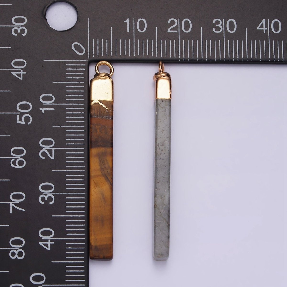 14K Gold Filled Tiger Eye, Howlite, Rose Quartz, Amethyst, Labradorite Foiled Rectangular Bar Tag Charm | N1700 - N1704 - DLUXCA