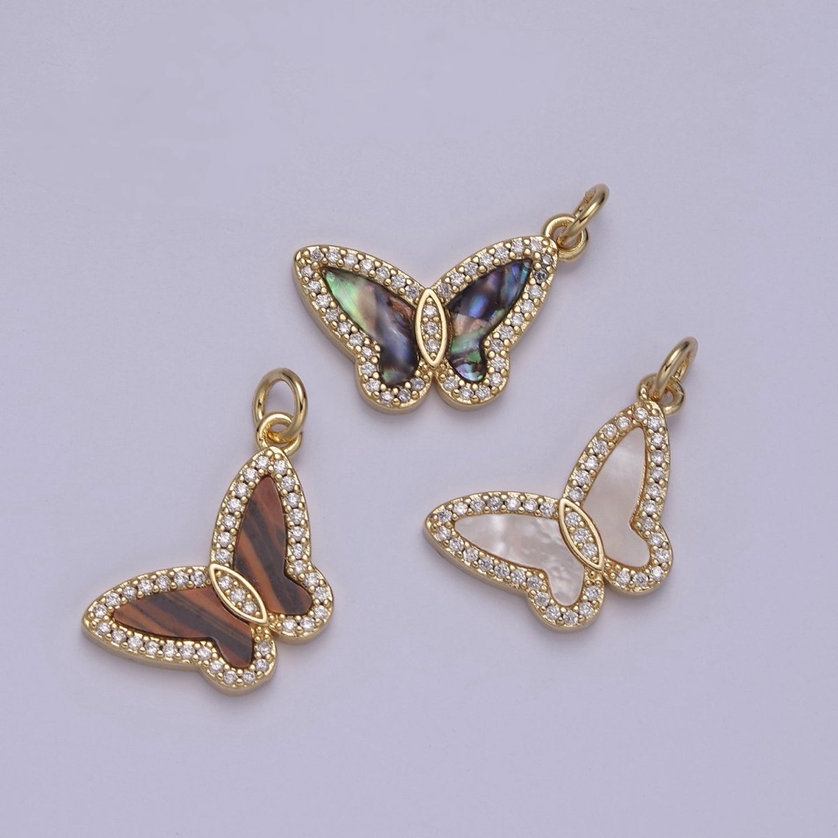 14K Gold Filled Tiger Eye, Mother of Pearl, Abalone Butterfly Monarch Micro Paved CZ Charm N-844 - N-846 - DLUXCA