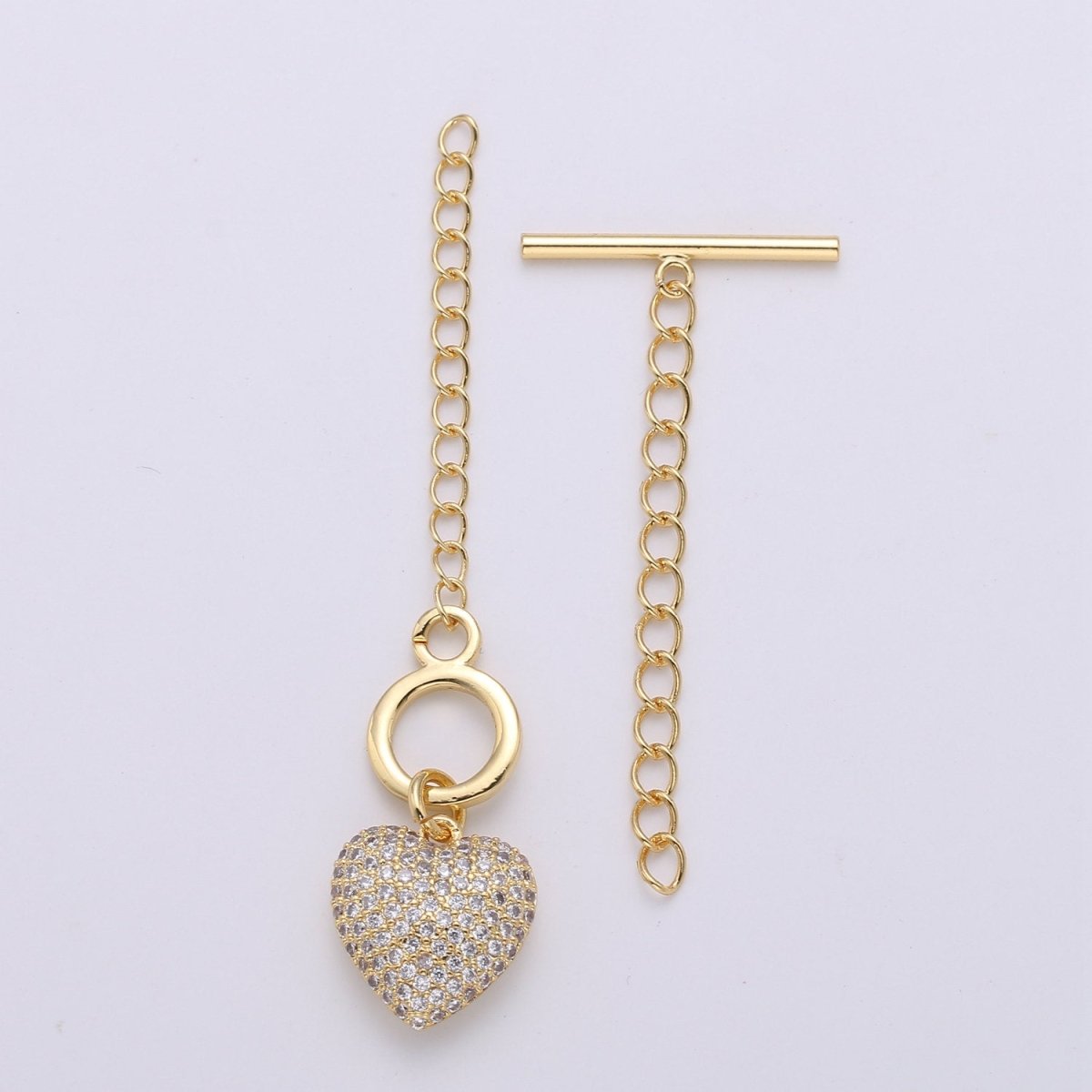 14K Gold Filled Toggle Clasp with CZ On Charm, 22mmx10mm Heart Charm and 10mmx2mm Bar. Extender Chain is 35mm 1.5inches You Can Cut K-454 K-455 - DLUXCA