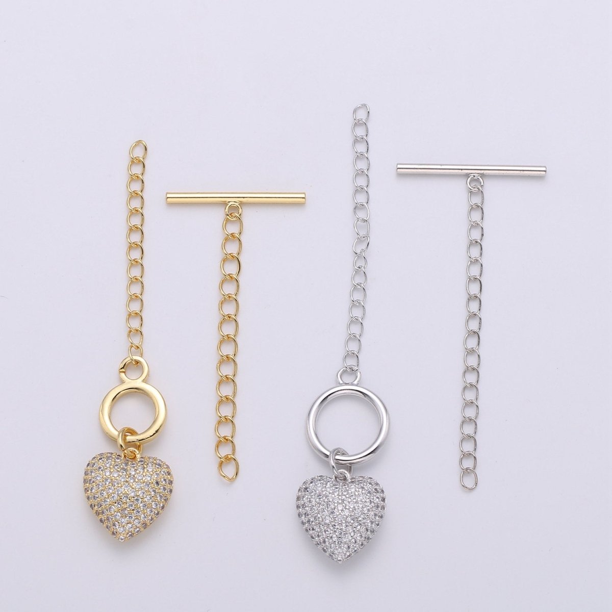 14K Gold Filled Toggle Clasp with CZ On Charm, 22mmx10mm Heart Charm and 10mmx2mm Bar. Extender Chain is 35mm 1.5inches You Can Cut K-454 K-455 - DLUXCA