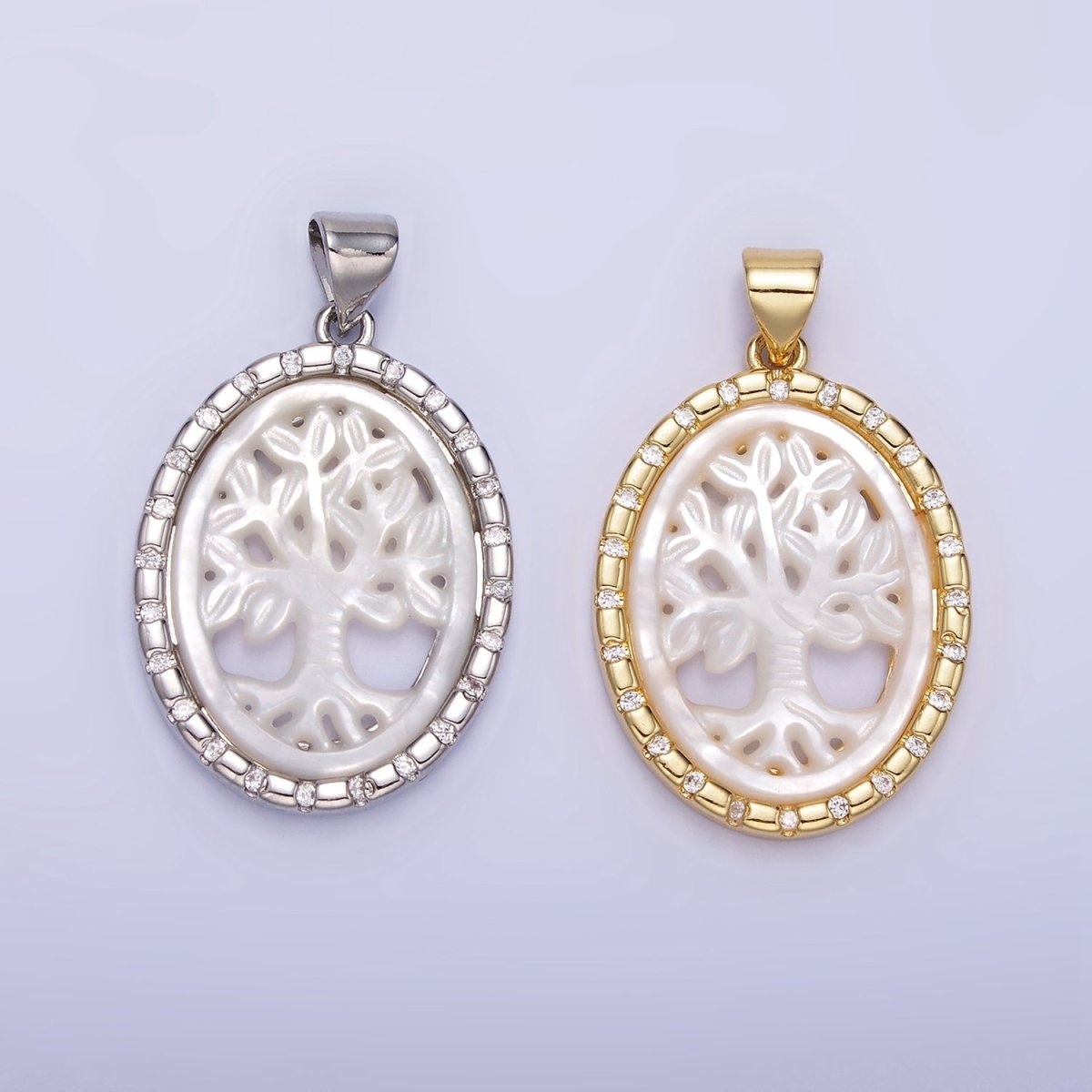 14K Gold Filled Tree Nature Shell Pearl CZ Dotted Bezel Oval Pendant in Gold & Silver | AA1257 - DLUXCA