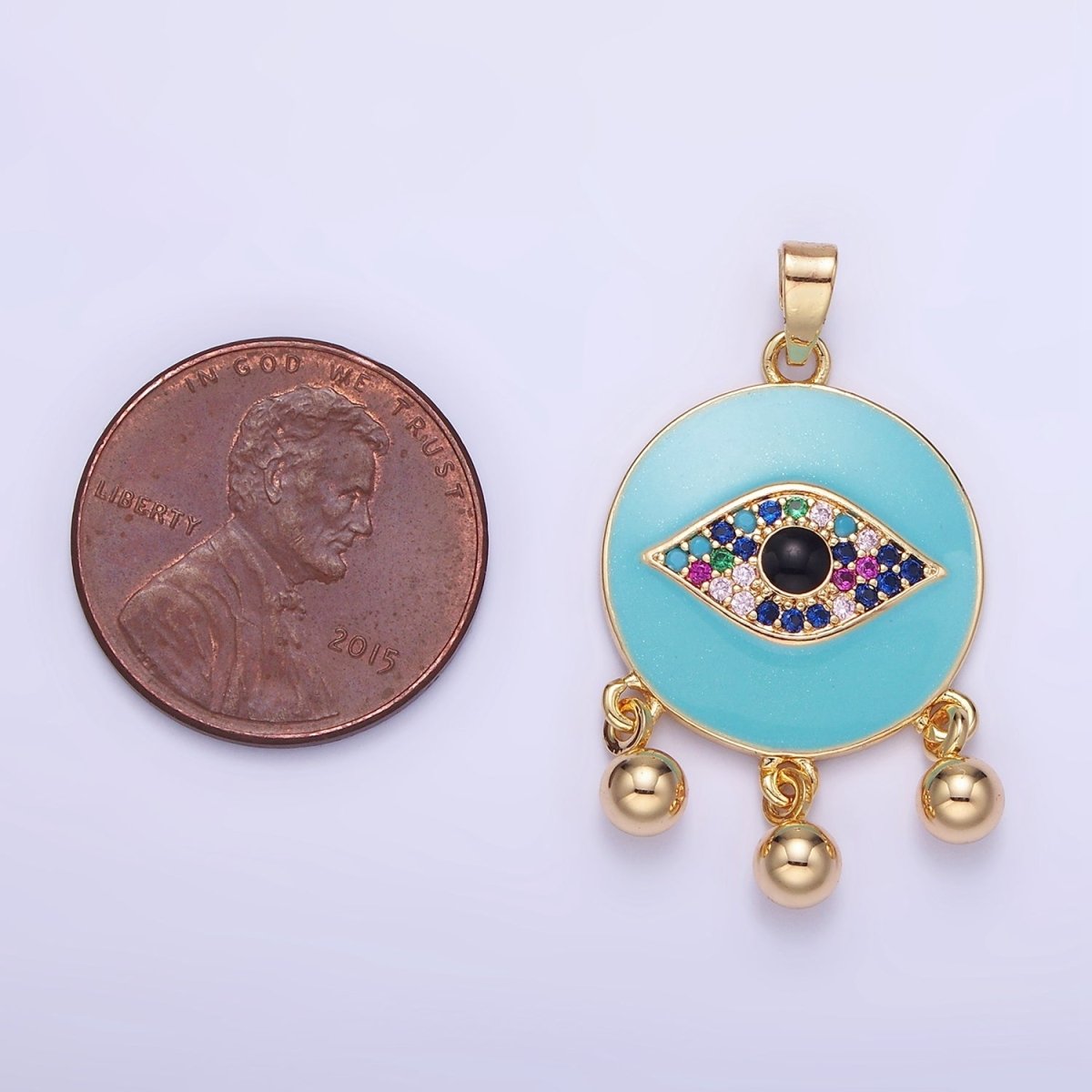 14K Gold Filled Triple Bead Drop Multicolor Micro Paved CZ Evil Eye Teal Enamel Round Pendant | AA1172 - DLUXCA