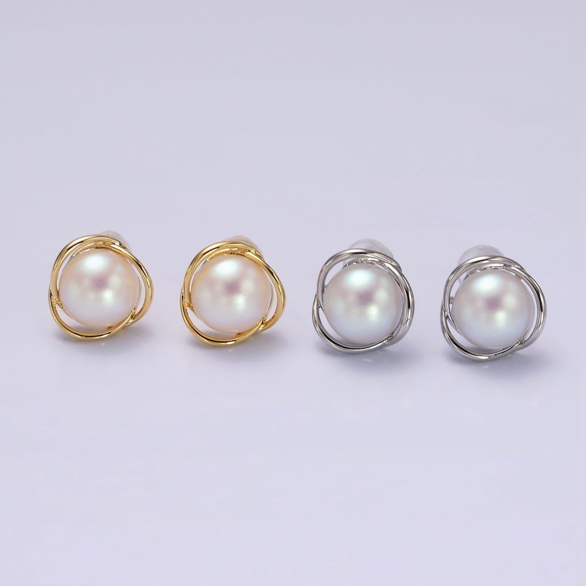 14K Gold Filled Triple Circular Band Iridescent Pearl Stud Earrings in Gold & Silver | V269 V270 - DLUXCA
