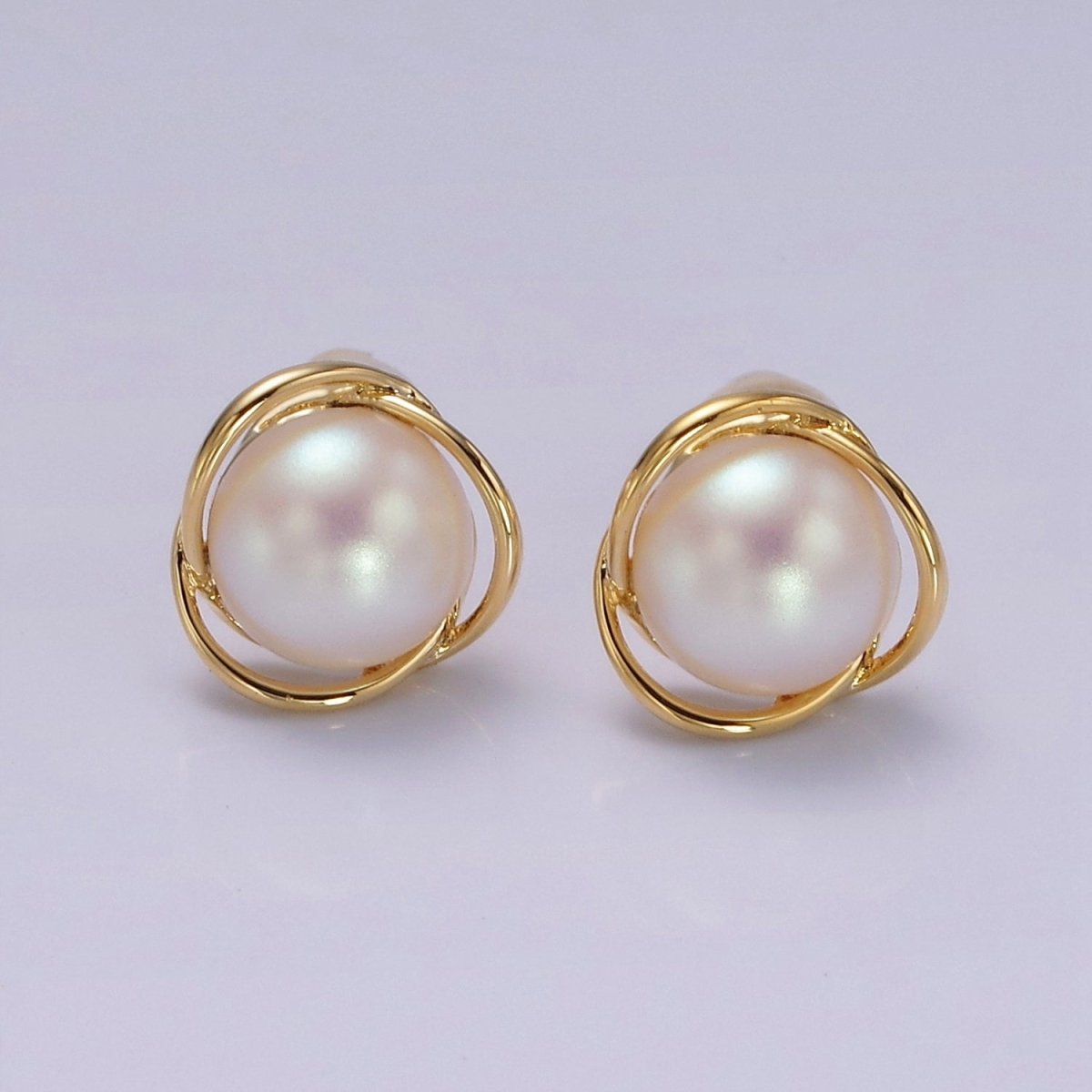 14K Gold Filled Triple Circular Band Iridescent Pearl Stud Earrings in Gold & Silver | V269 V270 - DLUXCA