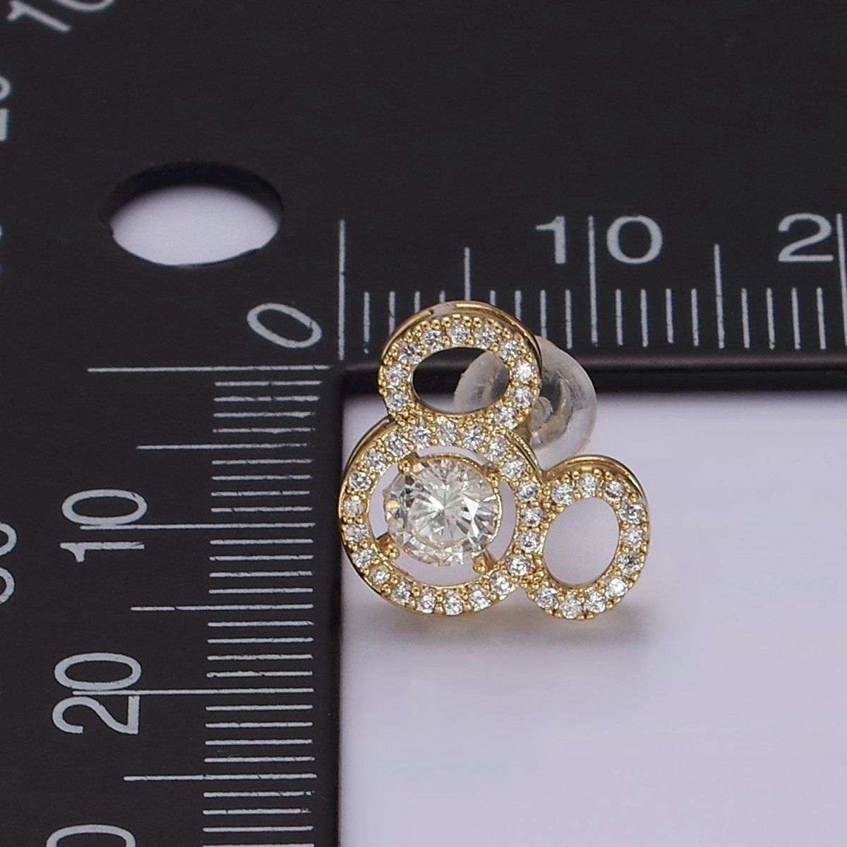 14K Gold Filled Triple Clear CZ Open Round Micro Paved Mouse Stud Earrings in Gold & Silver | V468 V469 - DLUXCA