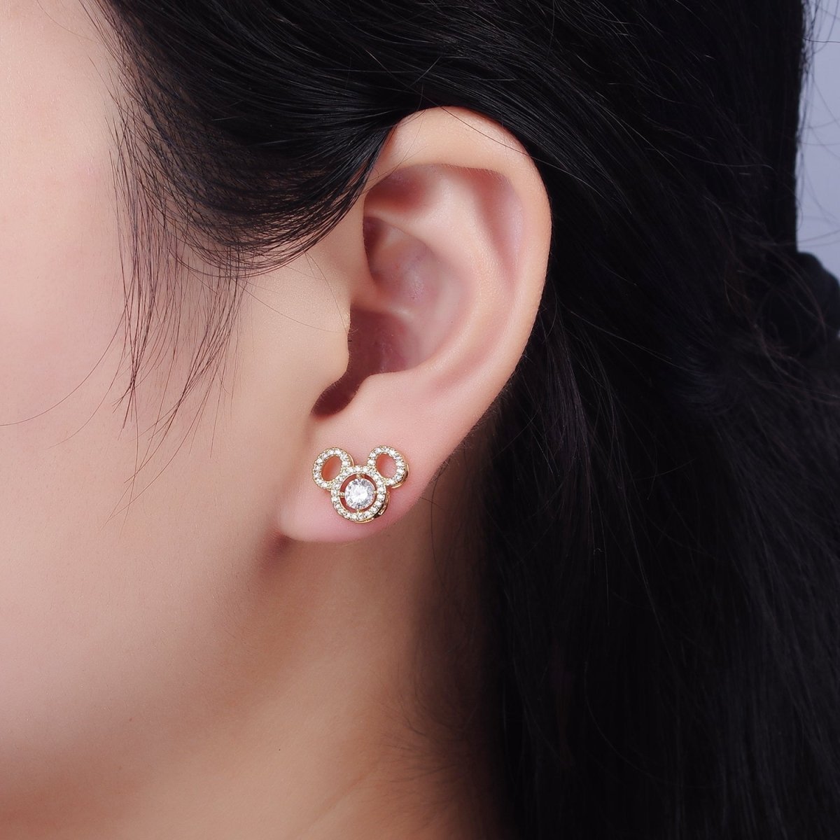 14K Gold Filled Triple Clear CZ Open Round Micro Paved Mouse Stud Earrings in Gold & Silver | V468 V469 - DLUXCA