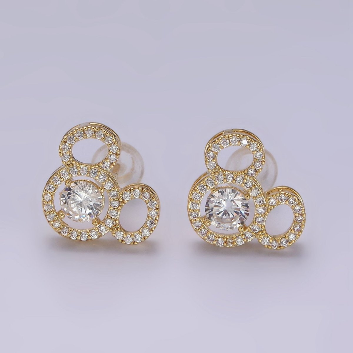 14K Gold Filled Triple Clear CZ Open Round Micro Paved Mouse Stud Earrings in Gold & Silver | V468 V469 - DLUXCA