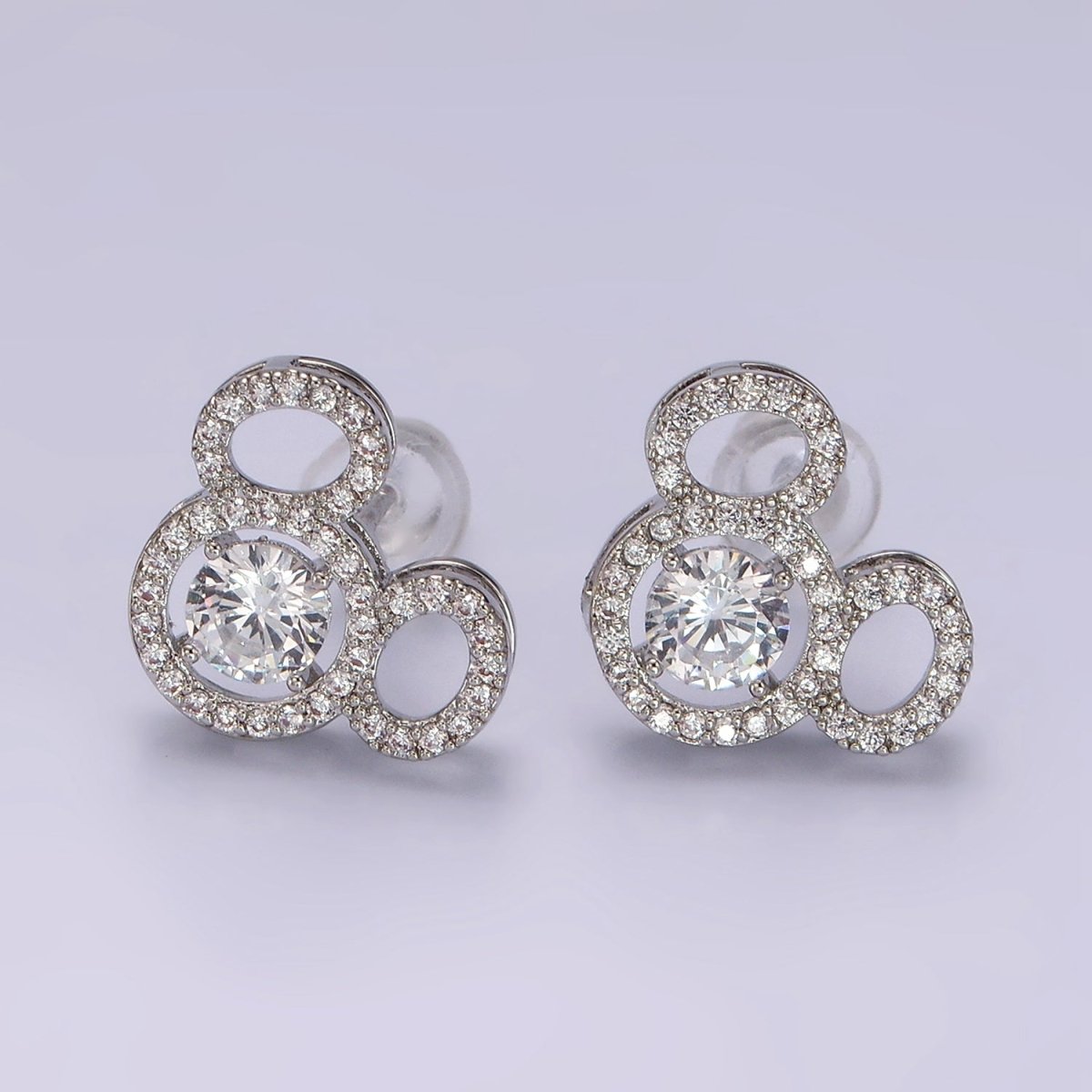 14K Gold Filled Triple Clear CZ Open Round Micro Paved Mouse Stud Earrings in Gold & Silver | V468 V469 - DLUXCA