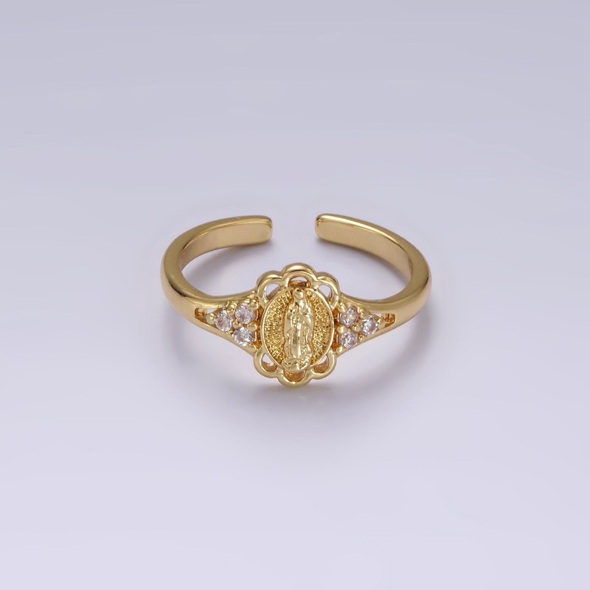 14K Gold Filled Triple CZ Mother Mary Lady Guadalupe Rounded Oval Ring | O1060 - DLUXCA