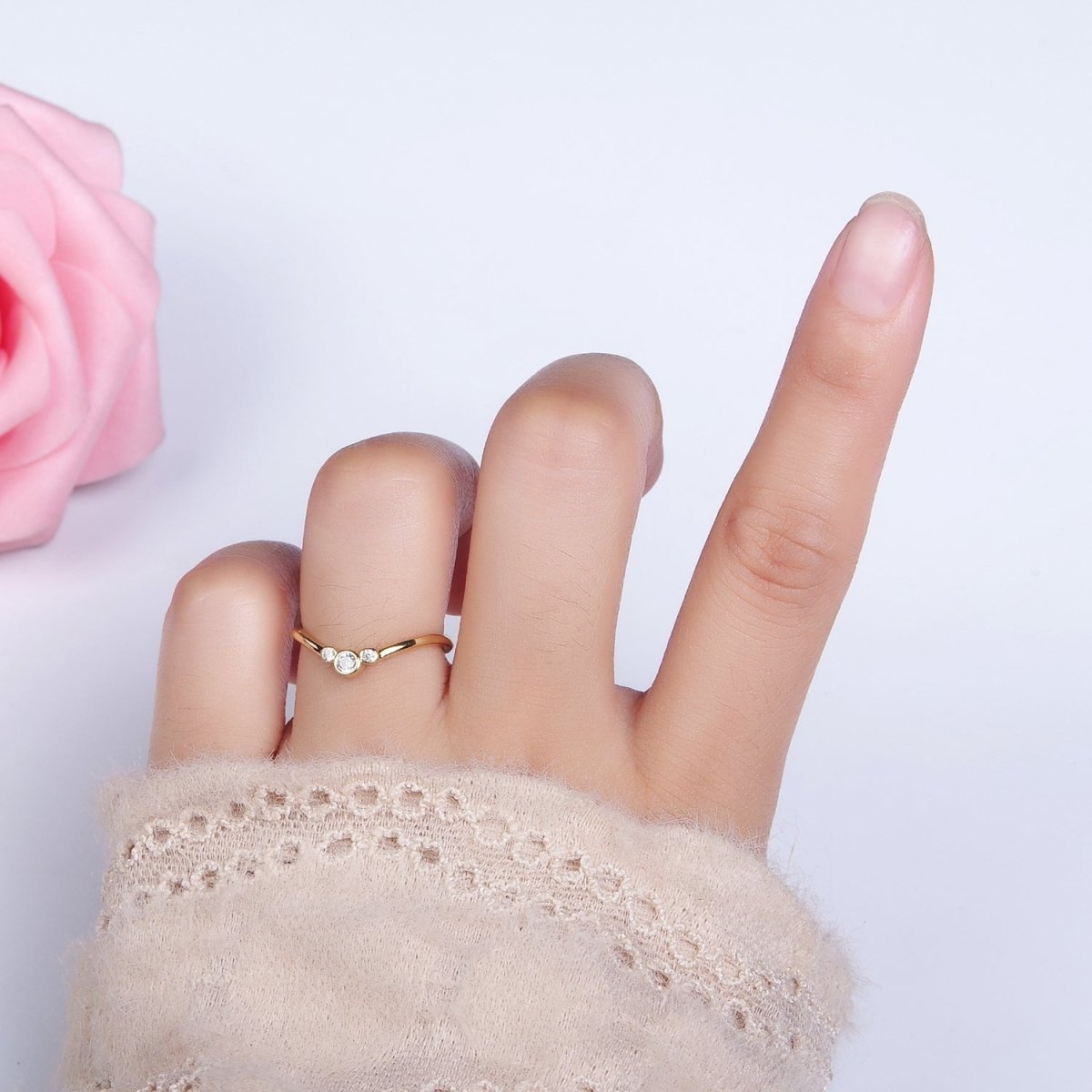 14K Gold Filled Triple Round Clear CZ Bezel Chevron Ring | O1005 - DLUXCA