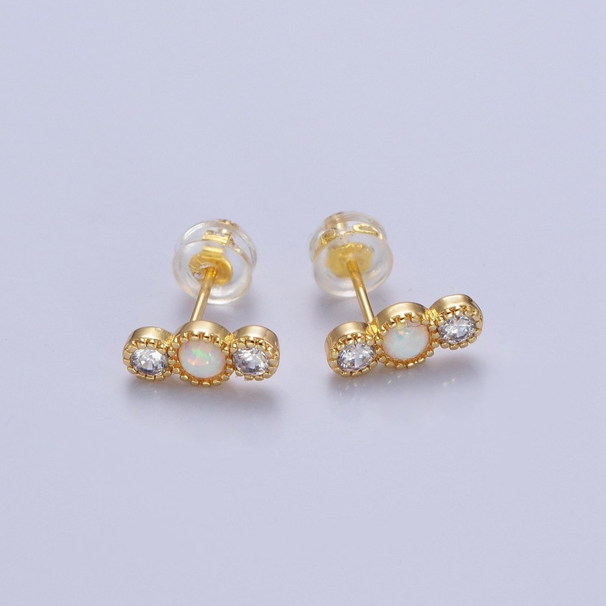 14K Gold Filled Triple Round White Opal Clear Cubic Zirconia Stud Earrings | Y087 - DLUXCA