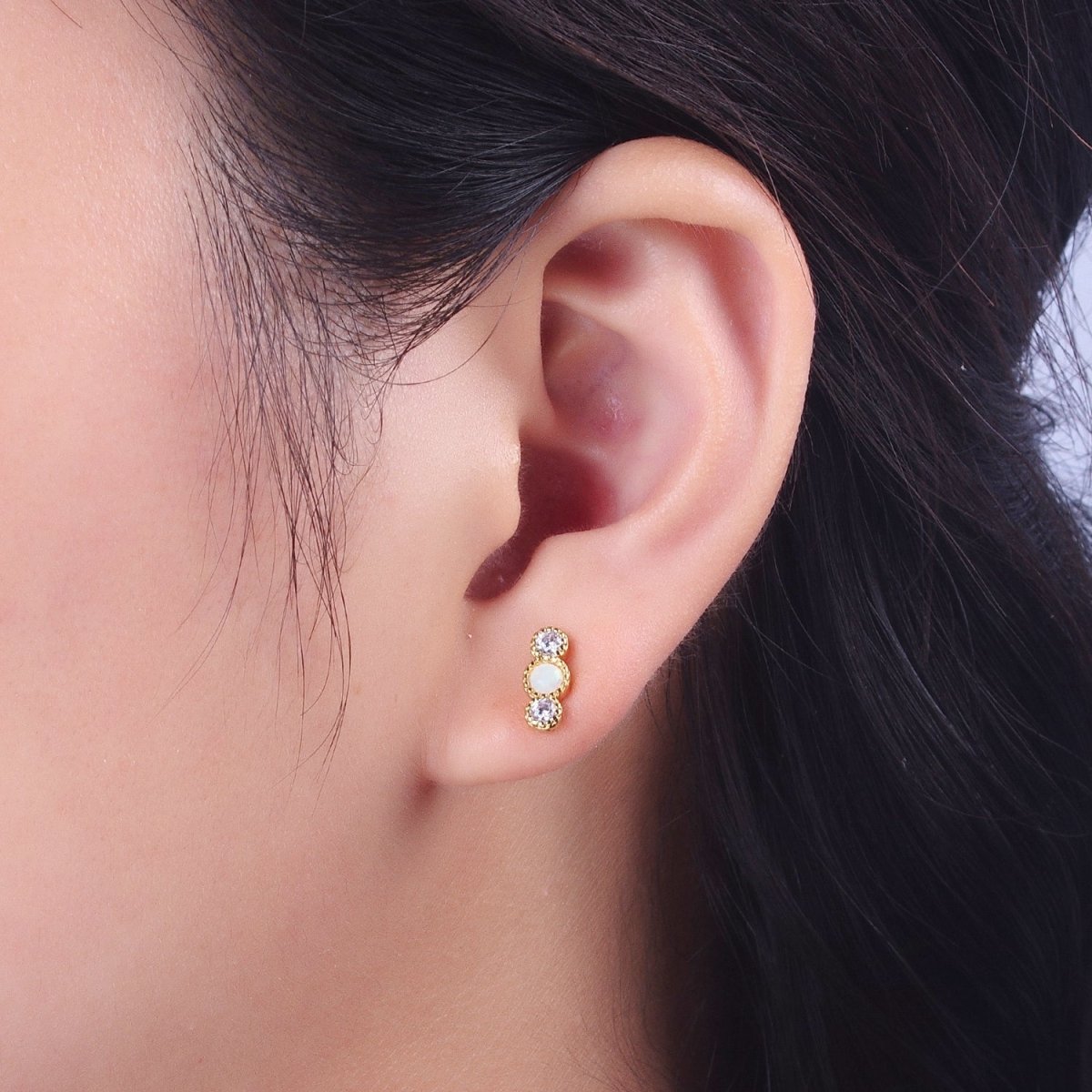 14K Gold Filled Triple Round White Opal Clear Cubic Zirconia Stud Earrings | Y087 - DLUXCA