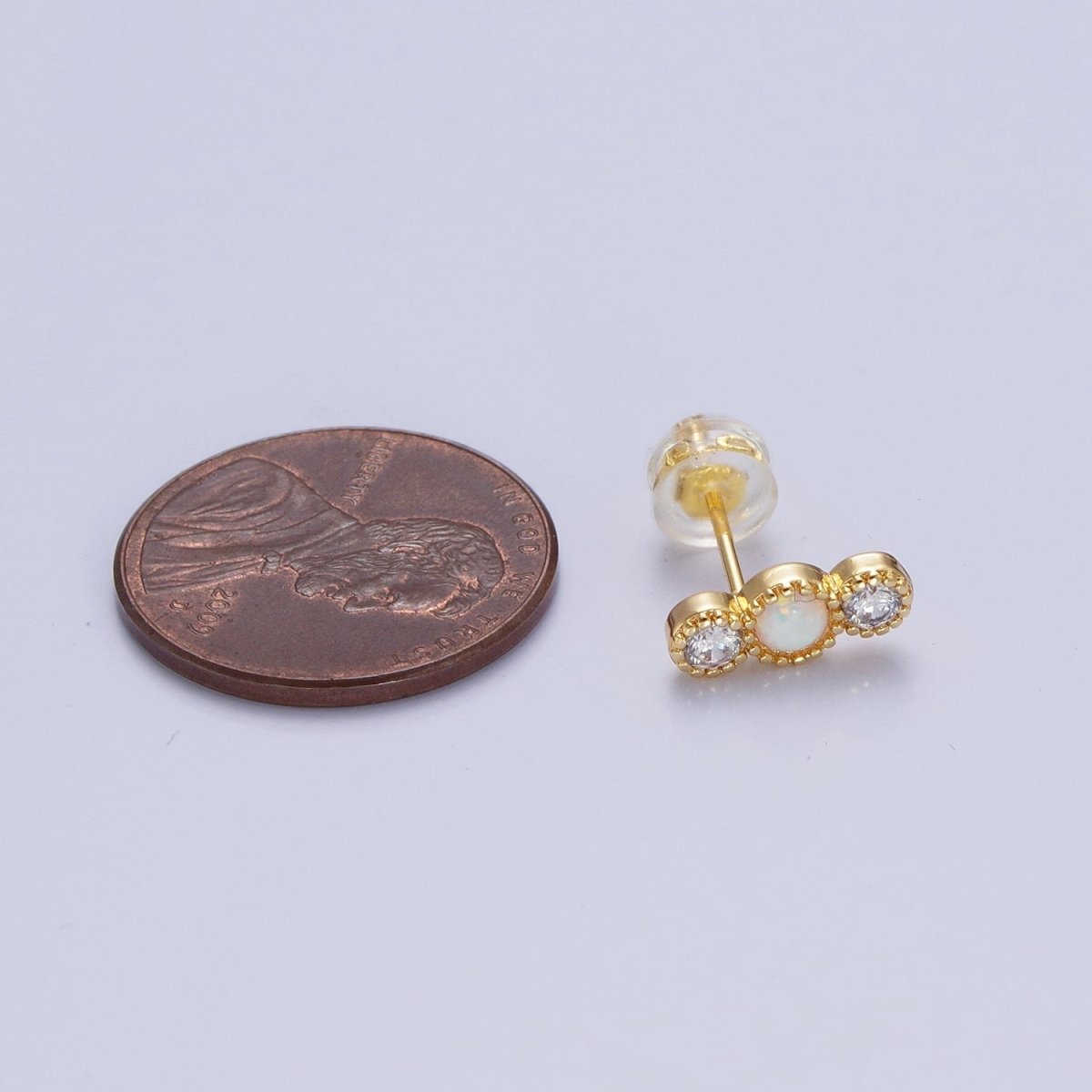 14K Gold Filled Triple Round White Opal Clear Cubic Zirconia Stud Earrings | Y087 - DLUXCA