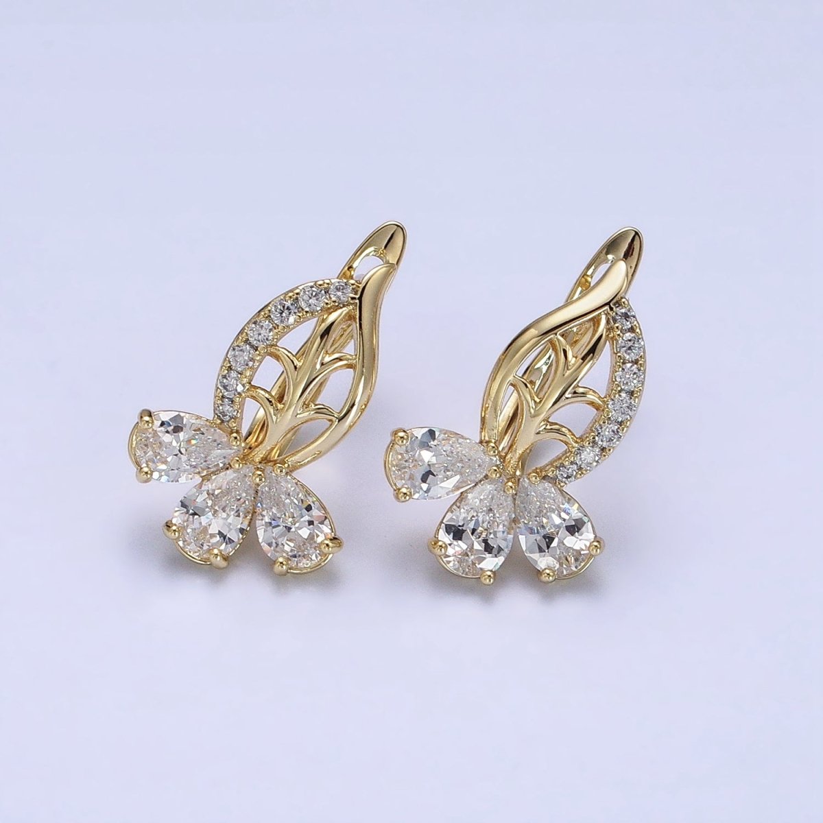 14K Gold Filled Triple Teardrop Micro Paved CZ Leaf English Lock Earrings | AD1438 - DLUXCA