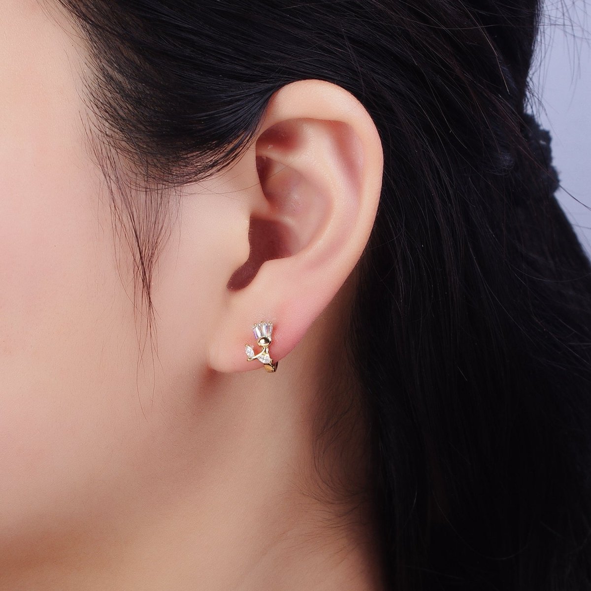 14K Gold Filled Tulip Flower Clear CZ Triple Baguette Micro Paved Cartilage Huggie Earrings | AD1382 - DLUXCA