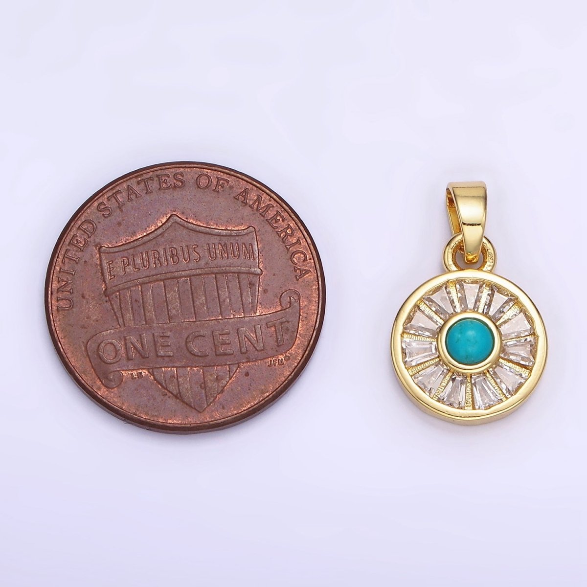 14K Gold Filled Turquoise Baguette CZ Lined Round Pendant | AH163 - DLUXCA