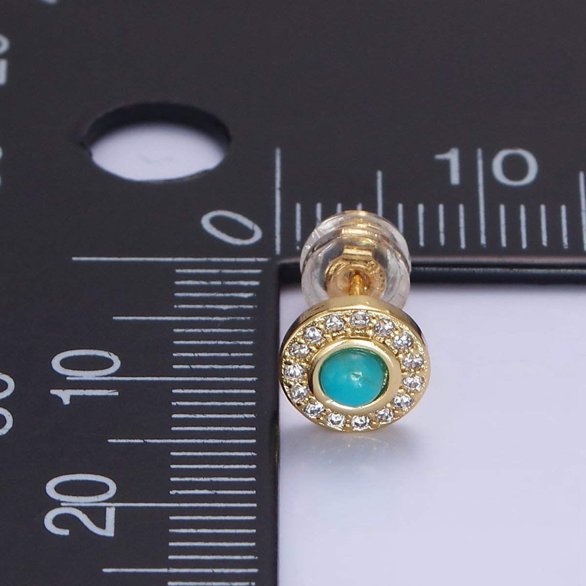 14K Gold Filled Turquoise Clear CZ Micro Paved Round Stud Earrings | P472 - DLUXCA