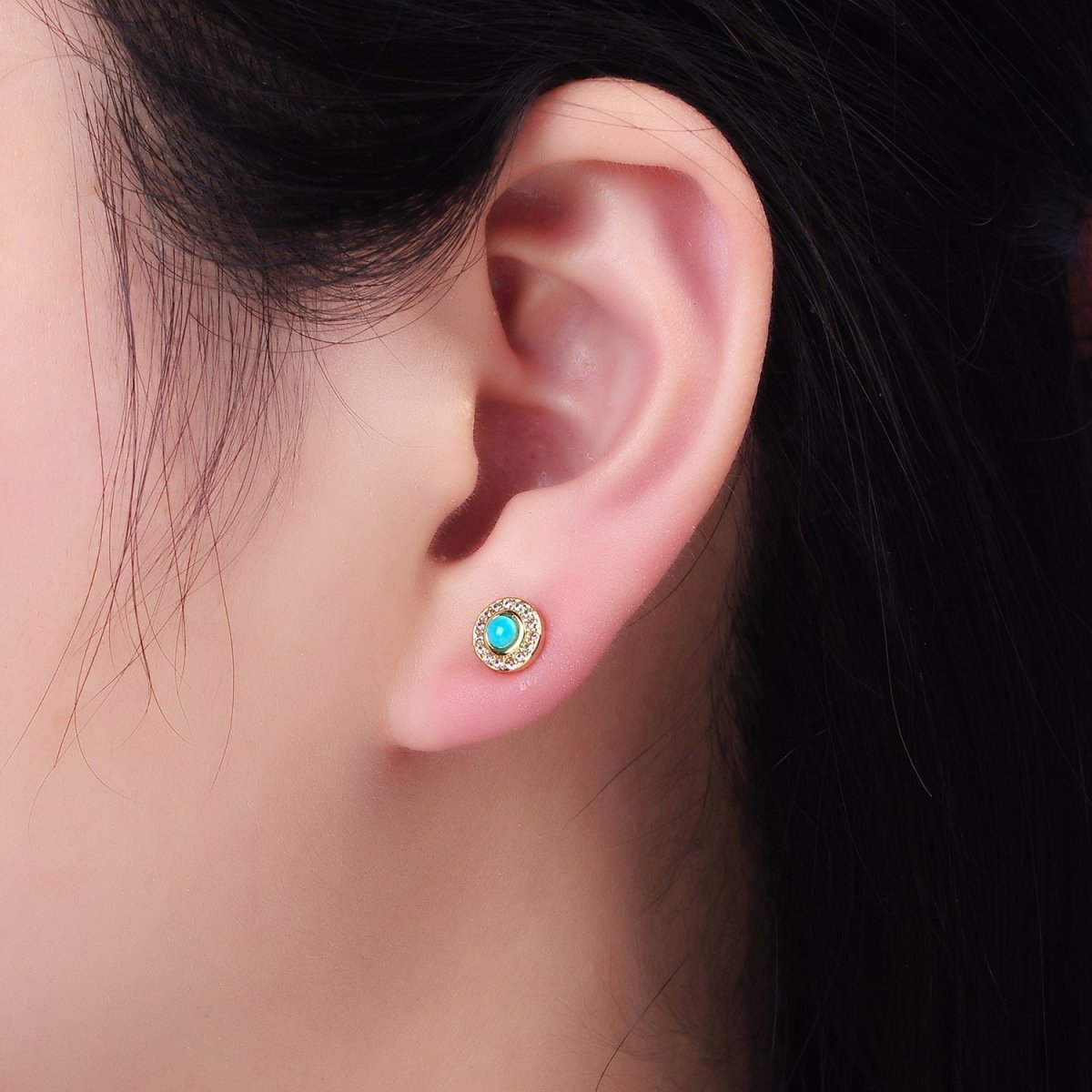 14K Gold Filled Turquoise Clear CZ Micro Paved Round Stud Earrings | P472 - DLUXCA