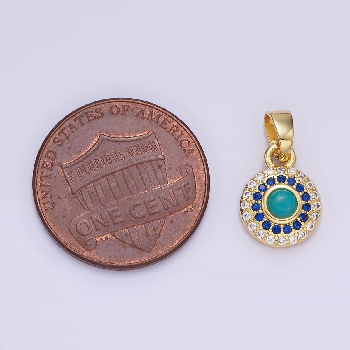 14K Gold Filled Turquoise Gemstone Micro Paved CZ Round Pendant | AH161 - DLUXCA