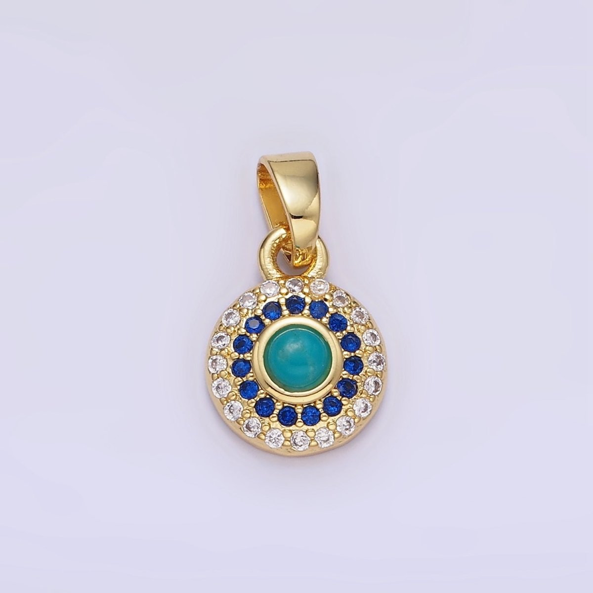 14K Gold Filled Turquoise Gemstone Micro Paved CZ Round Pendant | AH161 - DLUXCA