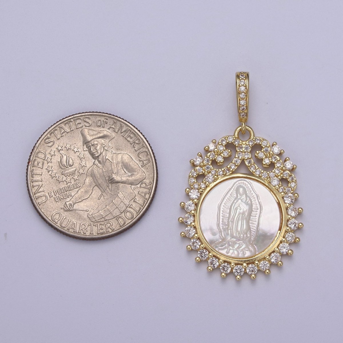 14k Gold filled Virgen de Guadalupe necklace Pendant Micro Pave religious jewelry Pearl Virgin Mary jewelry, Our lady of Guadalupe pendant H-516 - DLUXCA