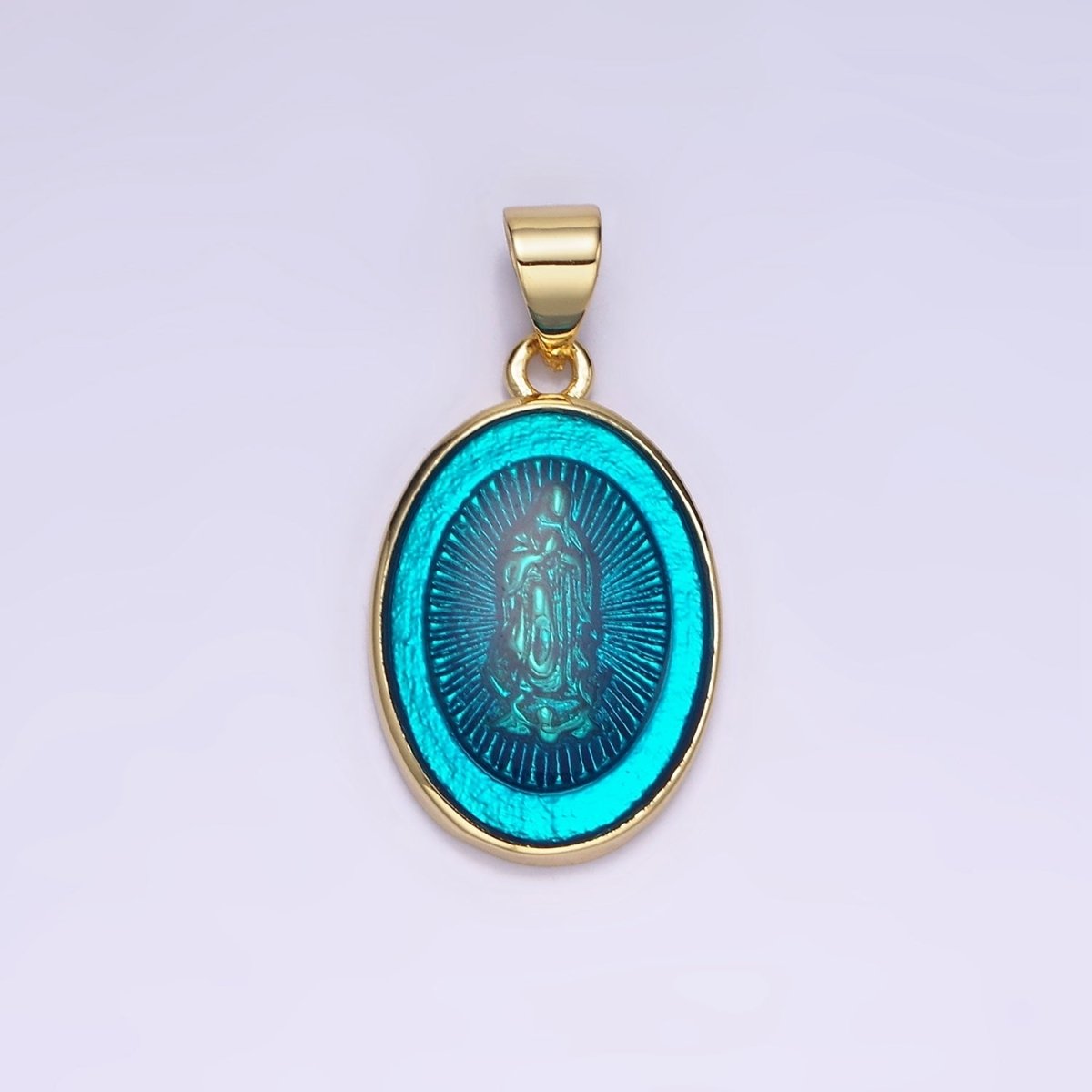 14K Gold Filled Virgin Mary Colorful Resin Oval Medallion Charm Lady Guadalupe Pendant AA-1140 - DLUXCA