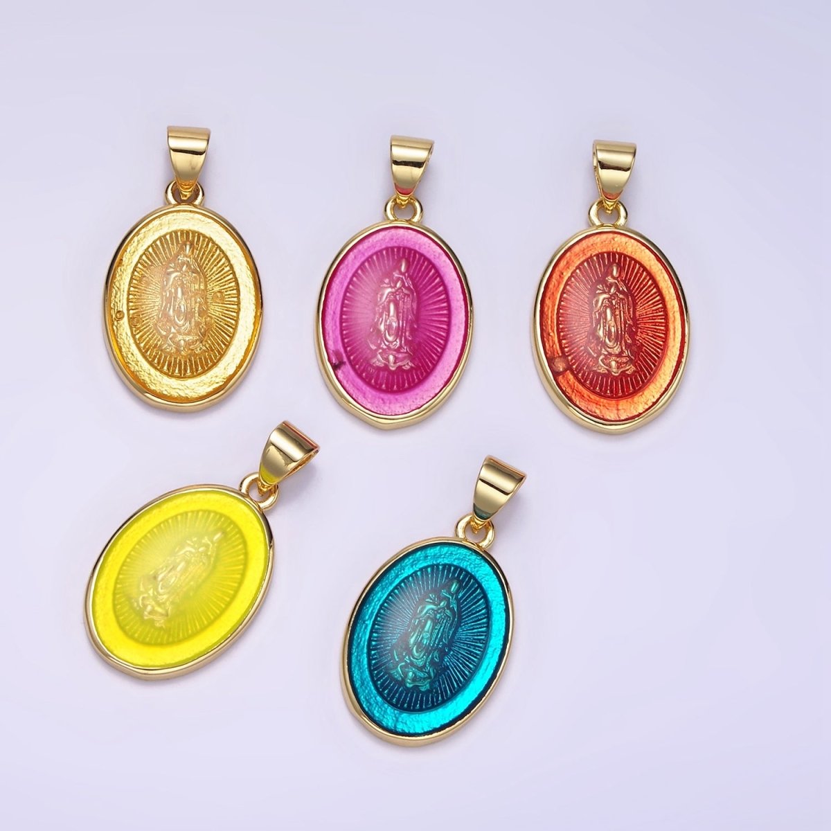 14K Gold Filled Virgin Mary Colorful Resin Oval Medallion Charm Lady Guadalupe Pendant AA-1140 - DLUXCA